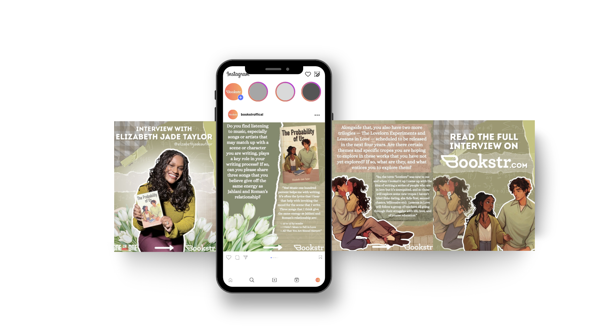 Instagram post and brochure promoting an interview with Elizabeth Jade Taylor about her book, The Probability of Us, with illustrated scenes and a photo of the author.