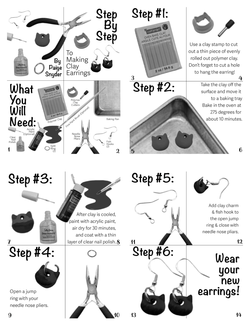 Step-by-step guide to making clay earrings, including tools like pliers, clay, paint, and charms, with instructions for baking and assembling earrings.