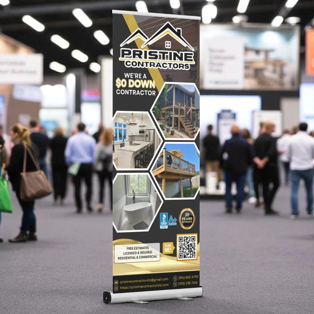 Vertical banner advertising Pristine Contractors, featuring images of kitchen cabinets, decks, a bathroom with a bathtub, and construction projects, with contact details and a QR code.