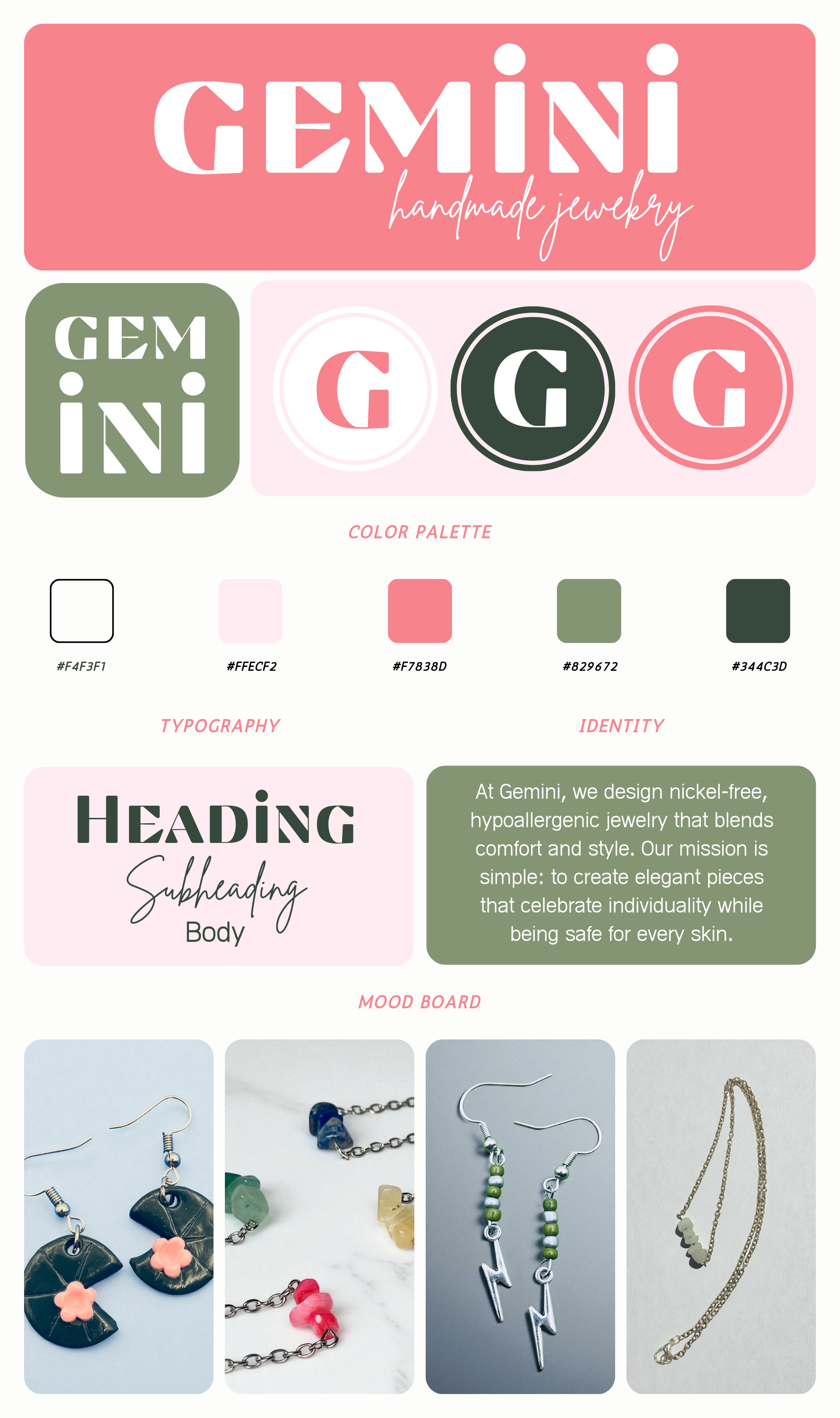 Branding board for Gemini Handmade Jewelry featuring logo options, color palette, typography examples, mission statement, and four images of jewelry pieces including earrings, necklaces, and chains.