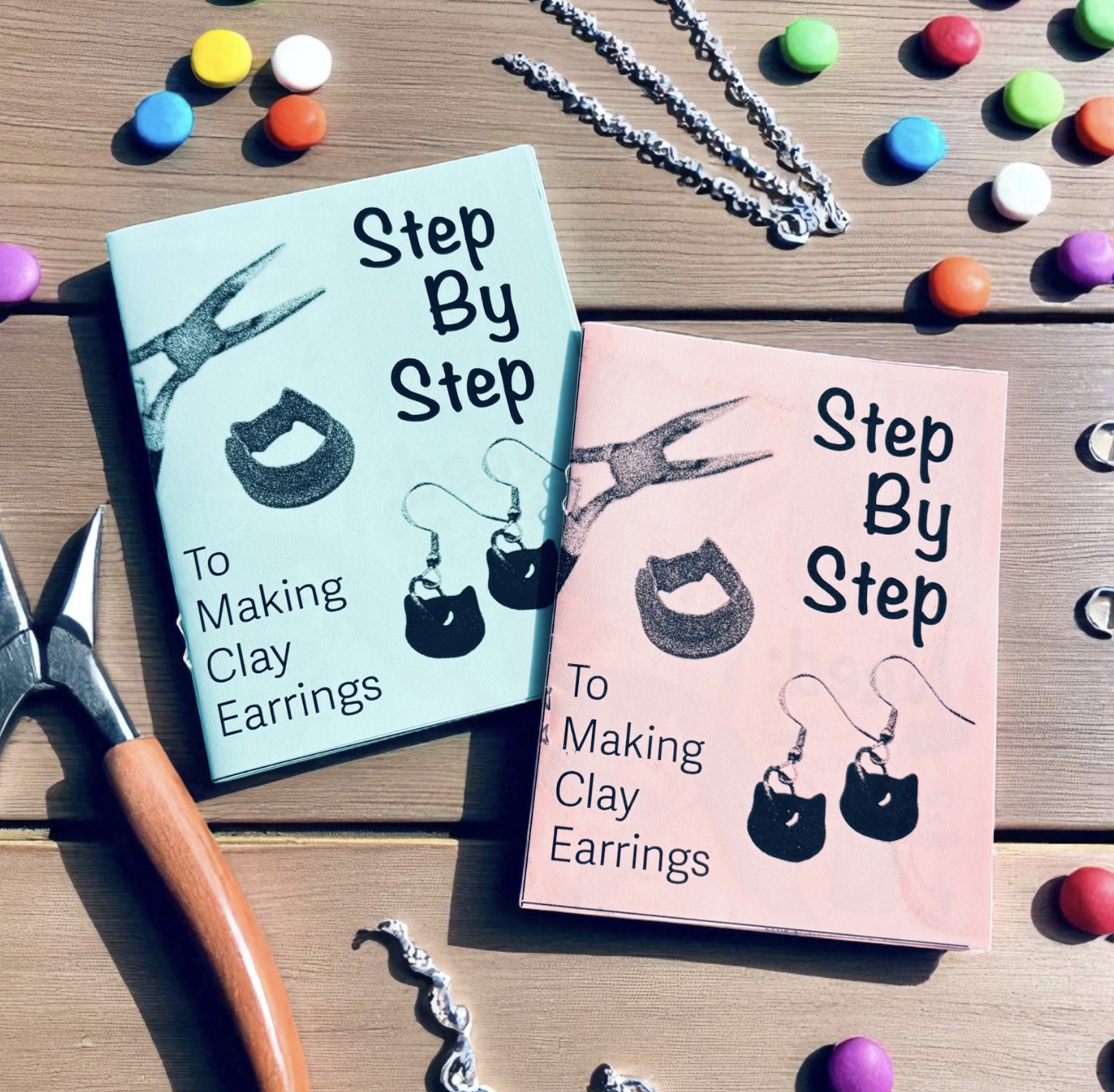 Two books titled "Step By Step to Making Clay Earrings" are on a wooden table surrounded by colorful crafting supplies, including pliers, hooks, and small round clay beads in various colors.