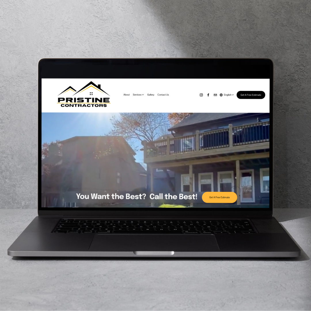 Laptop displaying the website of Pristine Contractors with a house and trees in the background, sunlight shining on the scene, and buttons for free estimate.