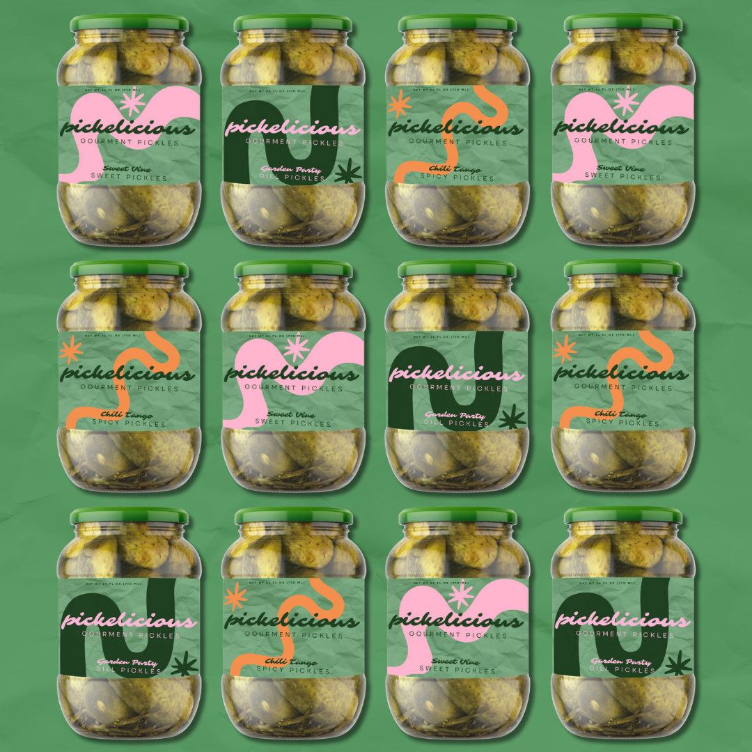 A grid of twelve jars of Pickelicous gourmet pickles with green lids, each labeled with different flavors including Sweet Vine, Garden Party, and Chili Tanga, against a green background.