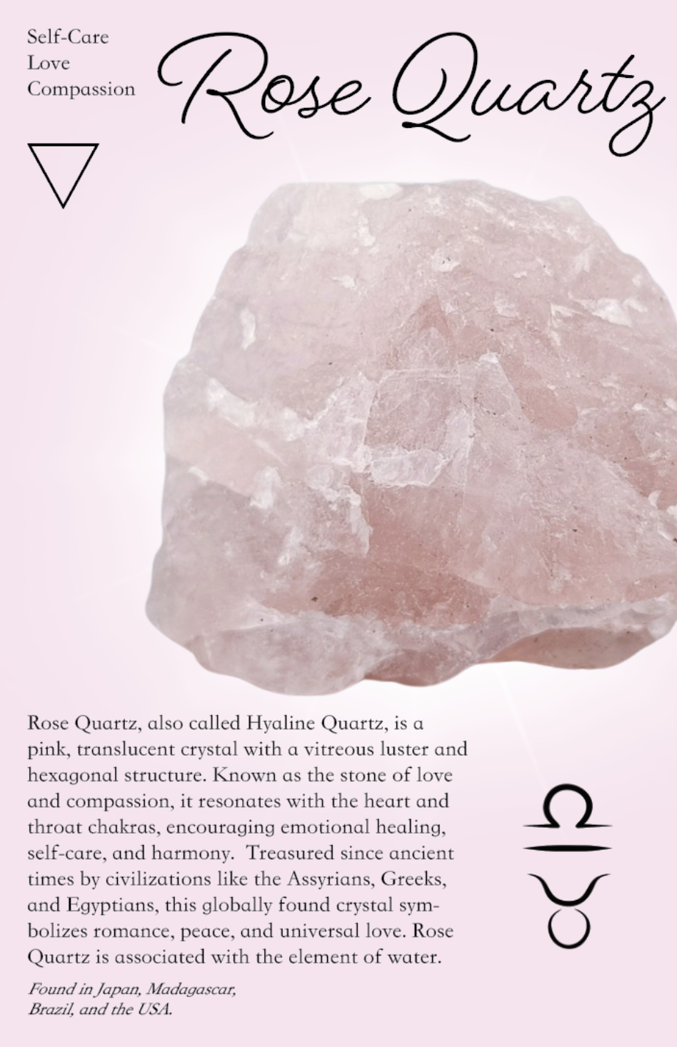 A pink, translucent rose quartz crystal with a vitreous luster and hexagonal structure, set against a light pink background with text describing its properties and significance.