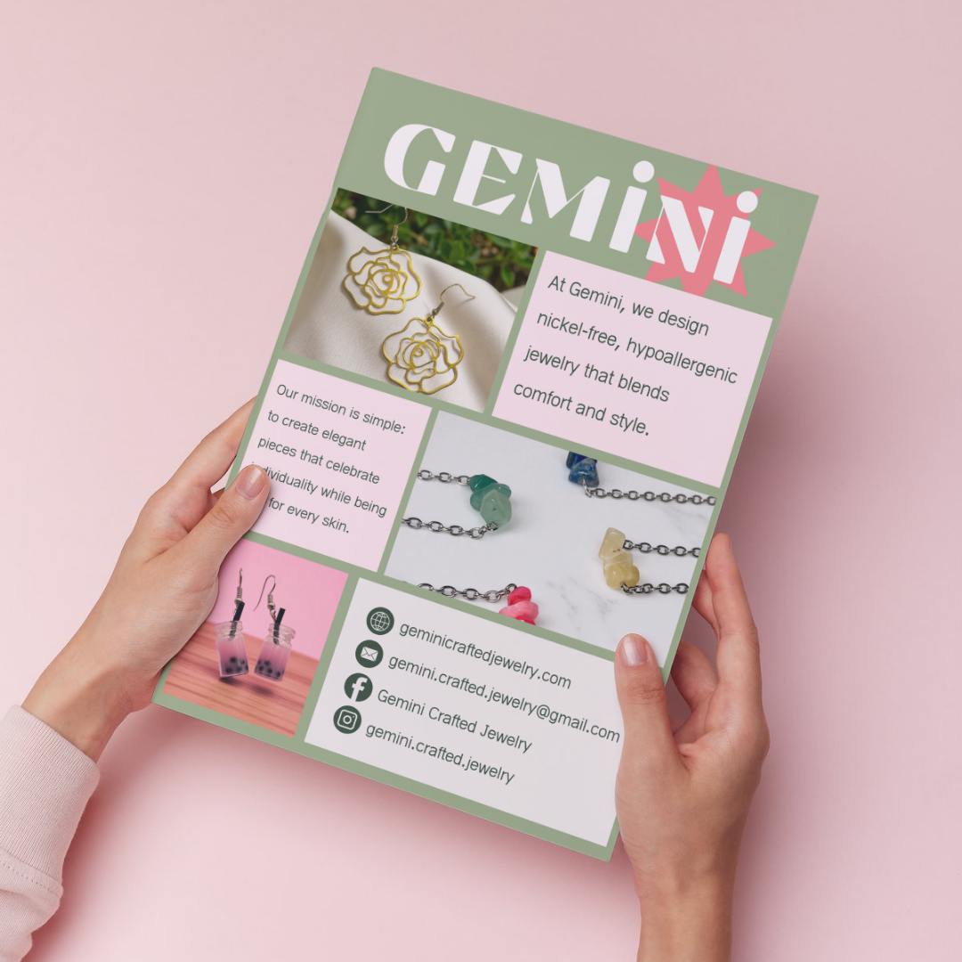 Flyer for Gemini jewelry featuring images of gold rose earrings, colorful gemstone necklaces, and bubble tea drinks with social media and website information on a pink background.