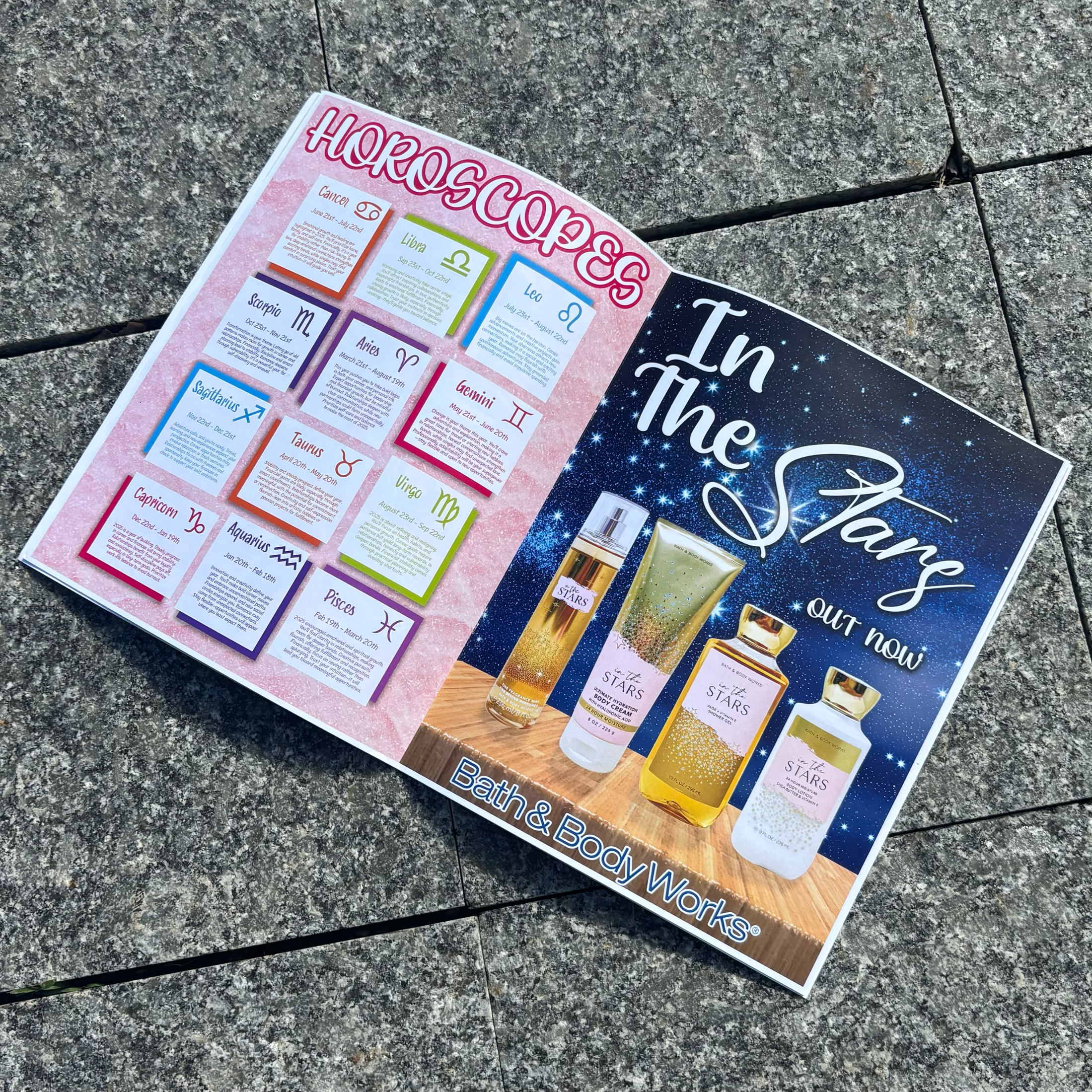 A promotional flyer for Bath & Body Works' 'In The Stars' product line, featuring starry night background, images of four perfumes, and a horoscope chart with zodiac signs and dates.