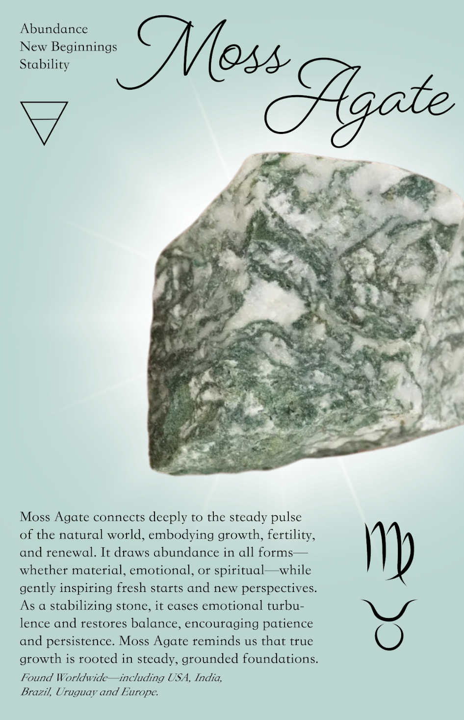 A description of a moss agate gemstone with text about its spiritual and healing properties, featuring a large photo of the green and white patterned stone, and decorative text and symbols on a light background.