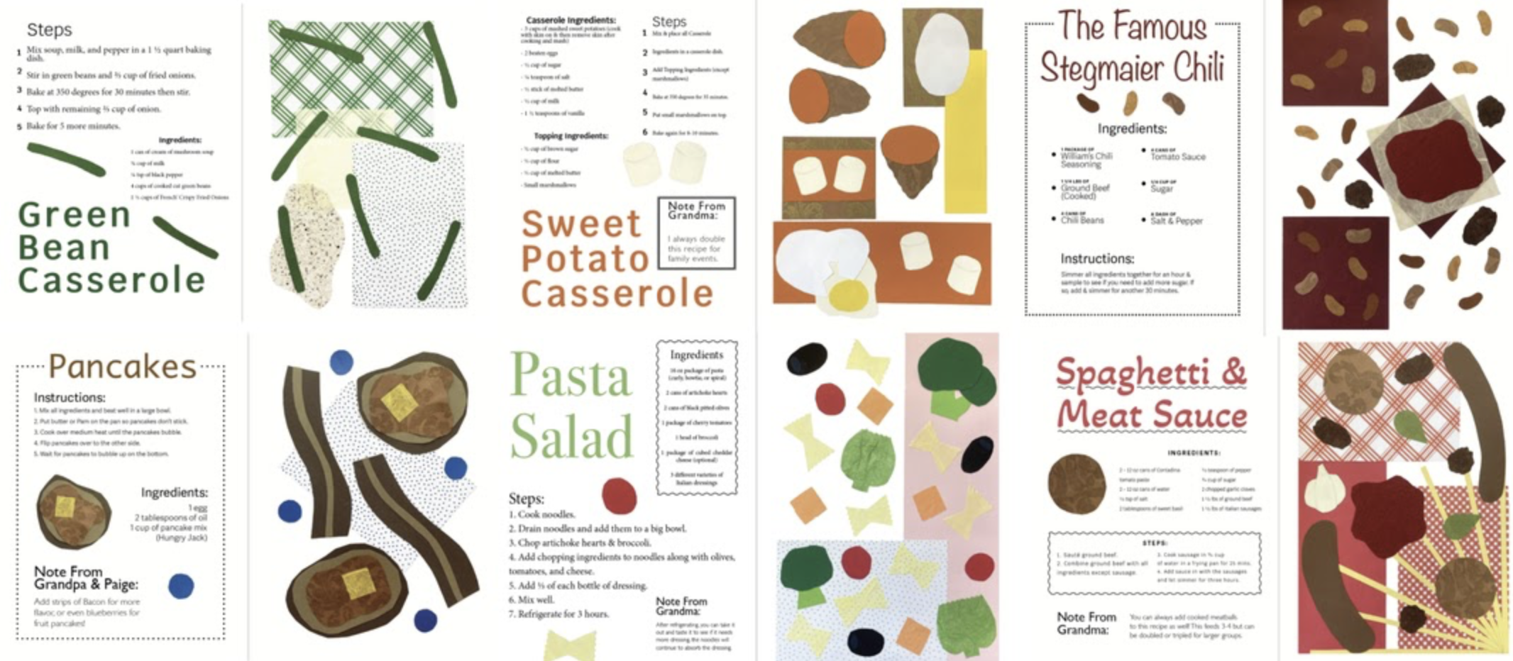 A collage of illustrated recipes including green bean casserole, sweet potato casserole, pasta salad, pancakes, the famous steamer chili, spaghetti & meat sauce, each with ingredients, steps, and notes from grandma, all with colorful, playful designs.