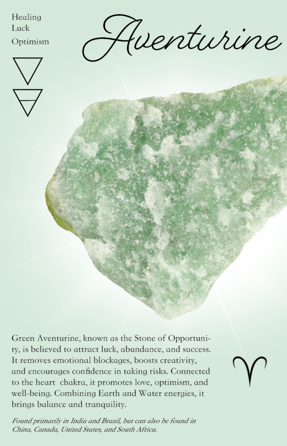 A green aventurine stone with informational text about its healing properties, including luck, abundance, and success, along with symbols for healing, luck, and optimism.