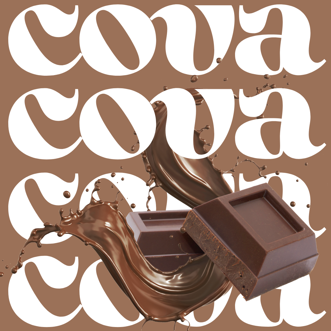 Close-up of a chocolate bar with splashes of melted chocolate against a background with the word 'cocoa' repeated in white text on a brown background.