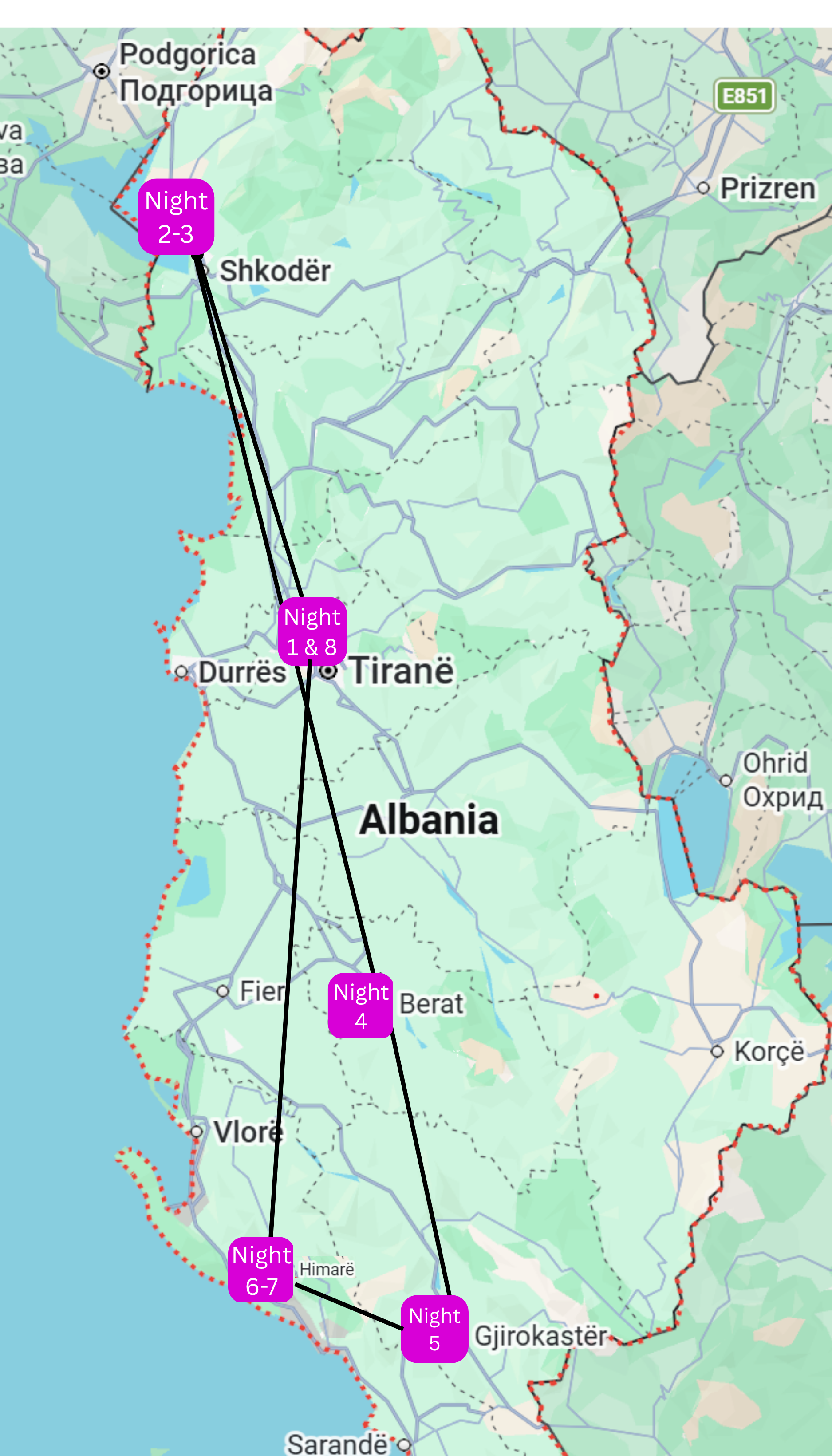 Map of Albania showing travel route with overnight stops labeled Night 1 & 8, Night 2-3, Night 4, Night 5, and Night 6-7, along with various cities and geographical features.