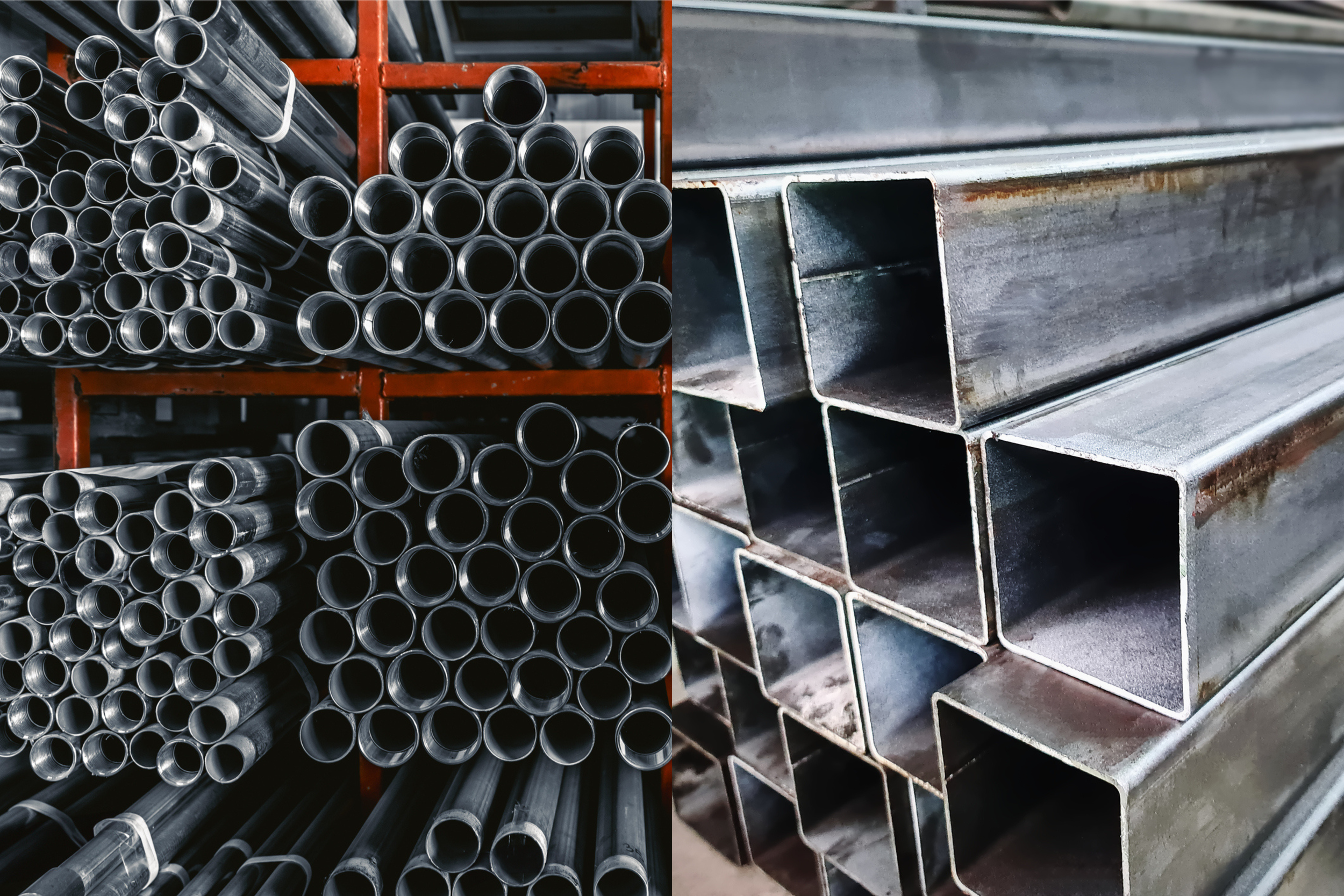 Stacks of metal pipes and steel square tubes in a hardware store or warehouse.