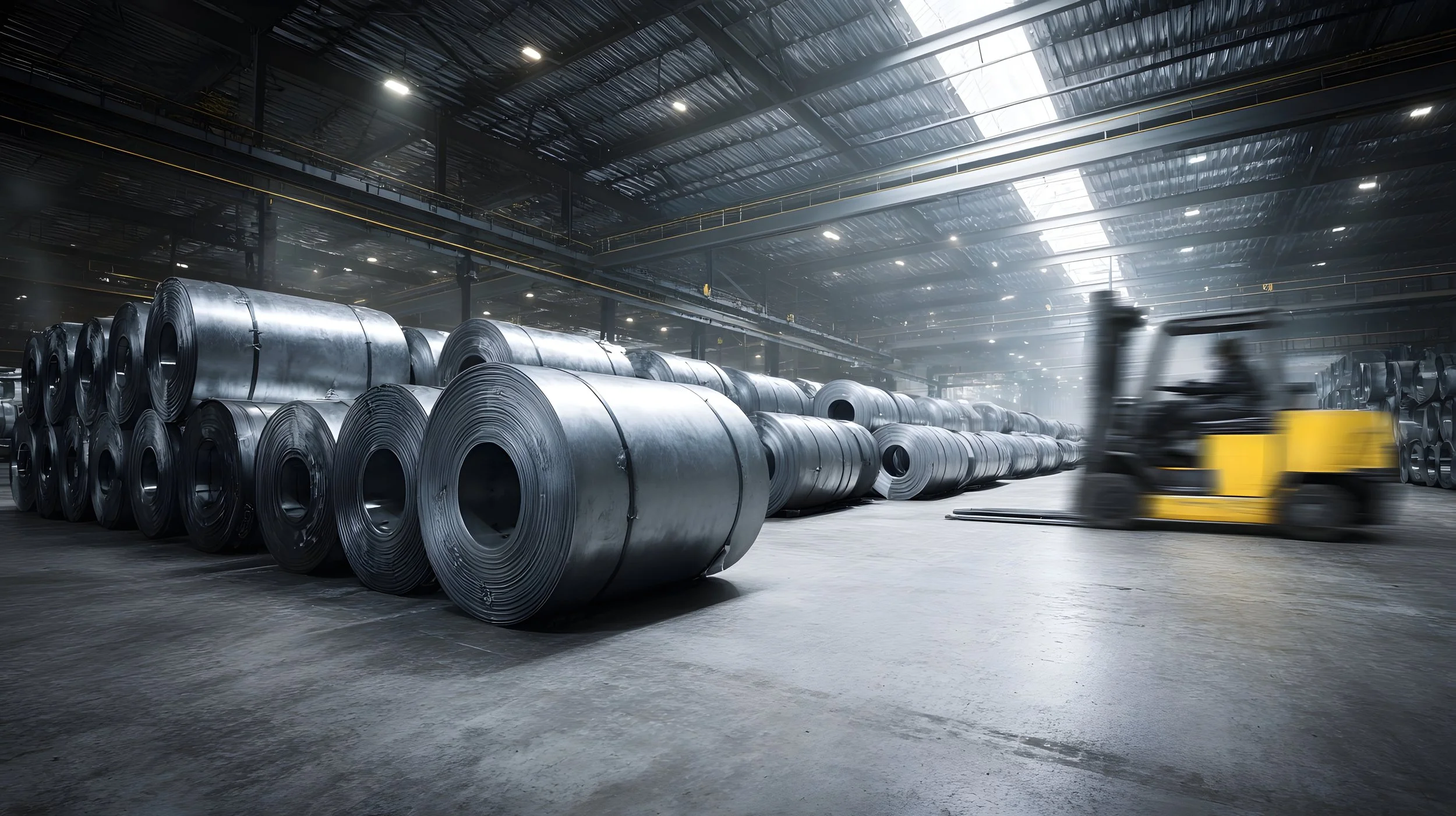 An industrial warehouse with large metal coils stacked on the floor and a blurred forklift moving in the background.