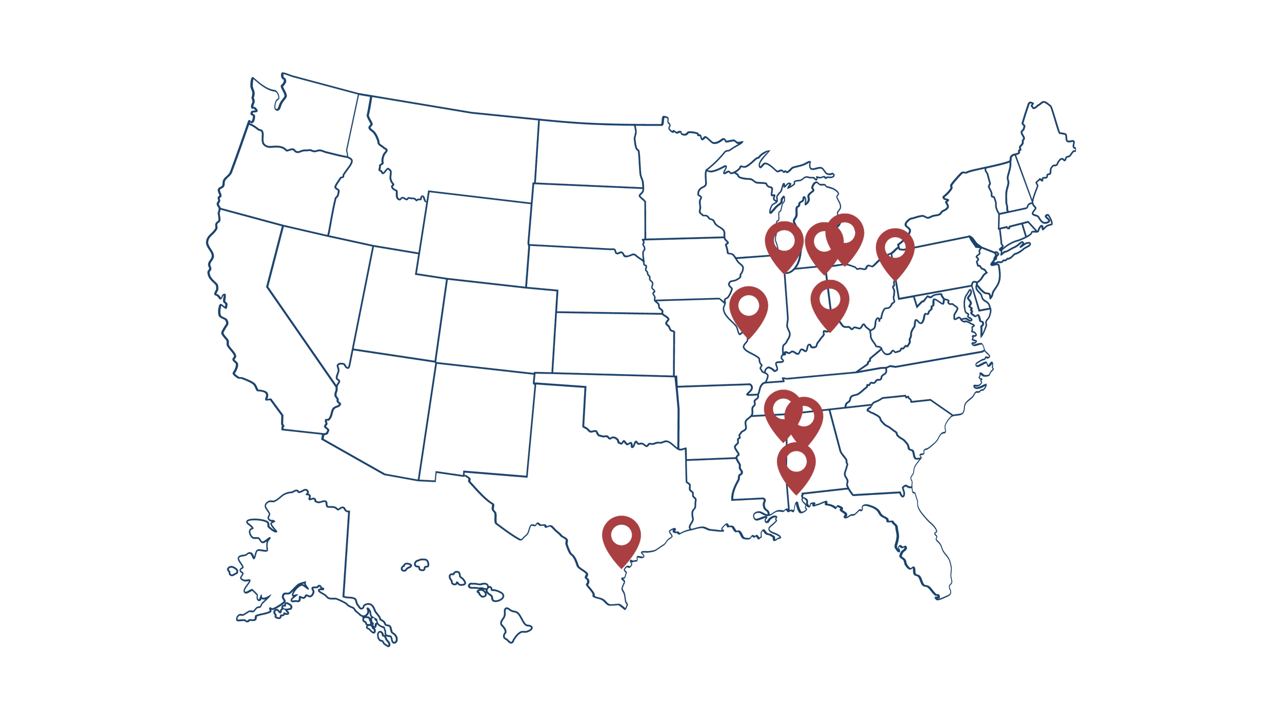 Map of the United States with several locations marked by red map pin icons in states.