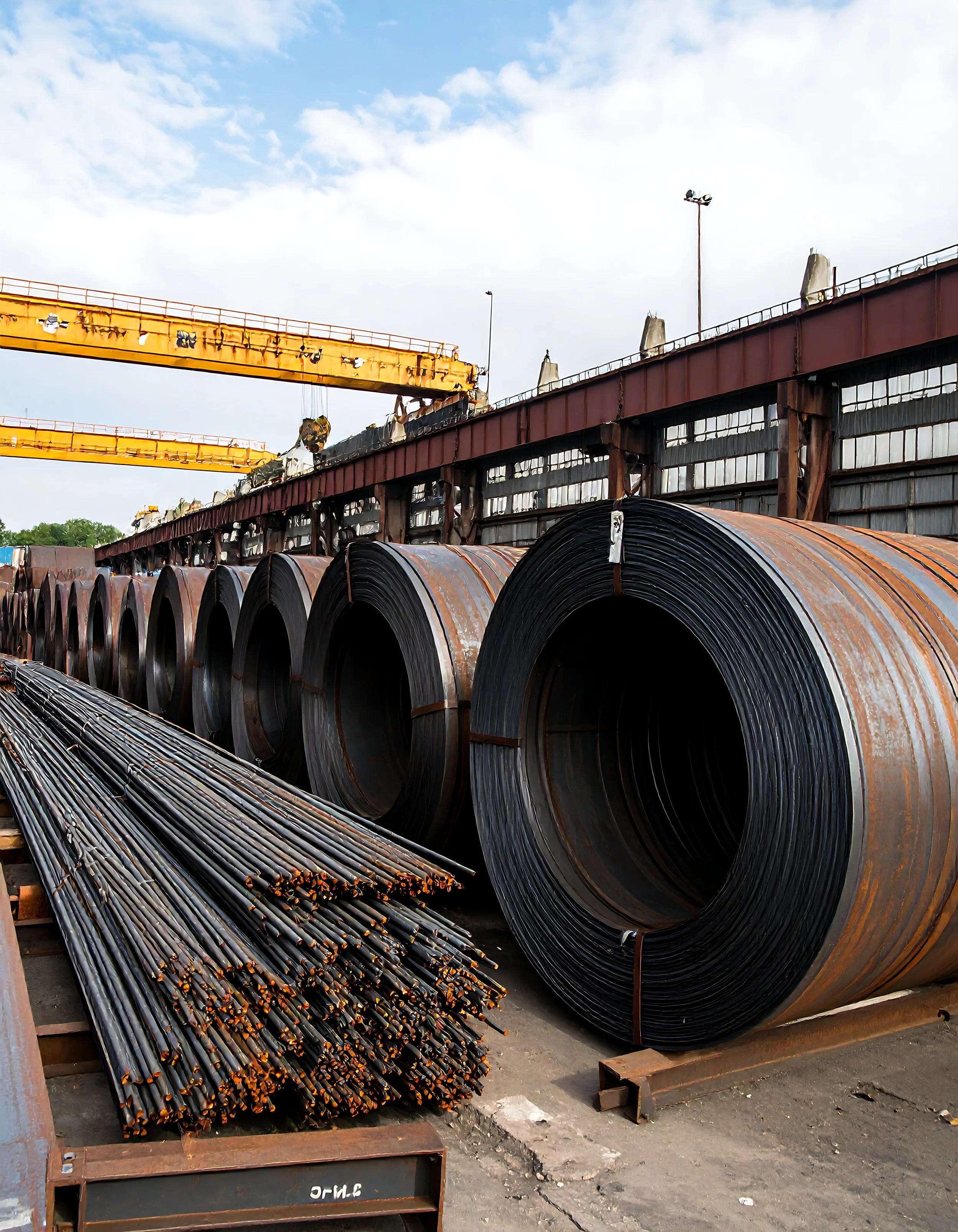 Large steel coils and rods stored outdoors at an industrial site under a cloudy sky.