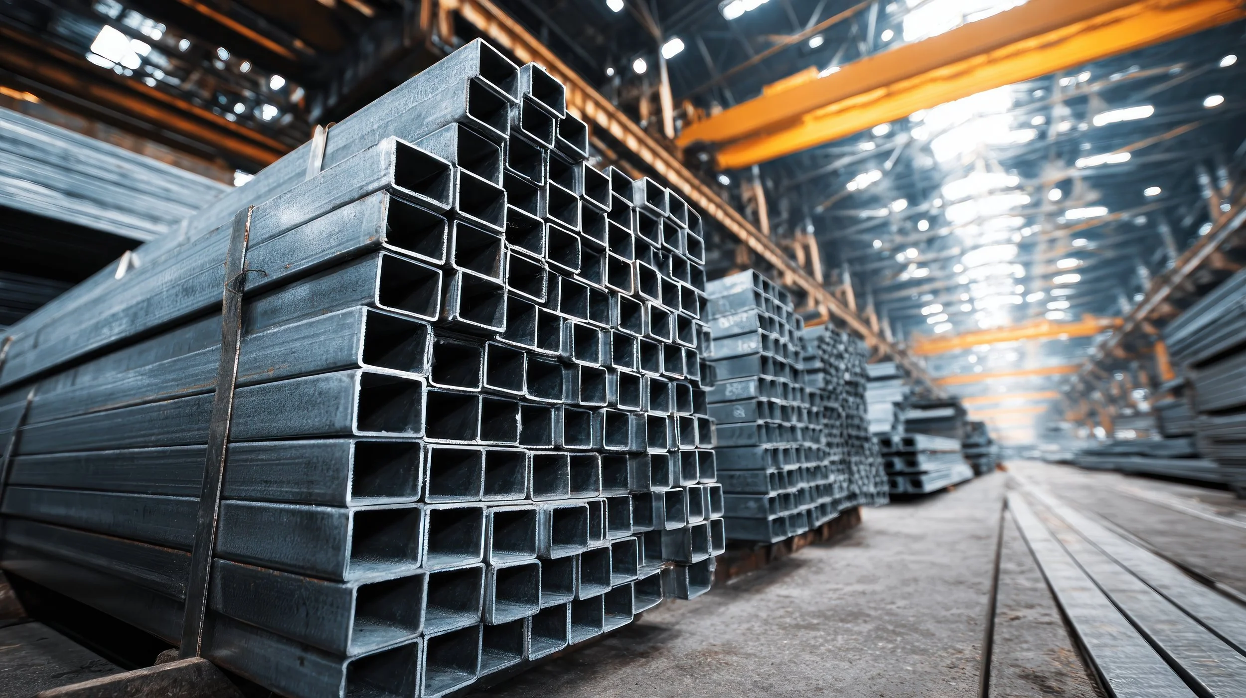 Stacks of steel square tubing pipes stored in a warehouse or factory with overhead cranes visible in the background.