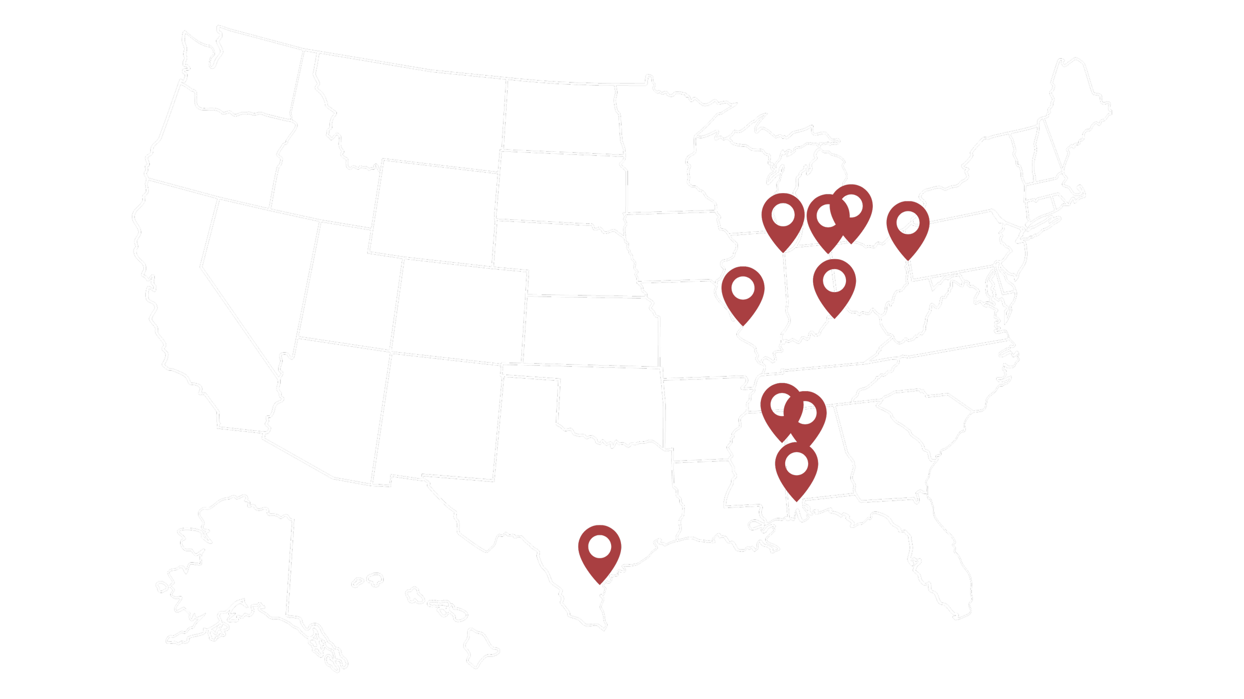 Map of the United States with location markers in several states.
