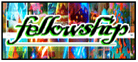 Colorful abstract background with the word 'fellowship' written in stylized green text