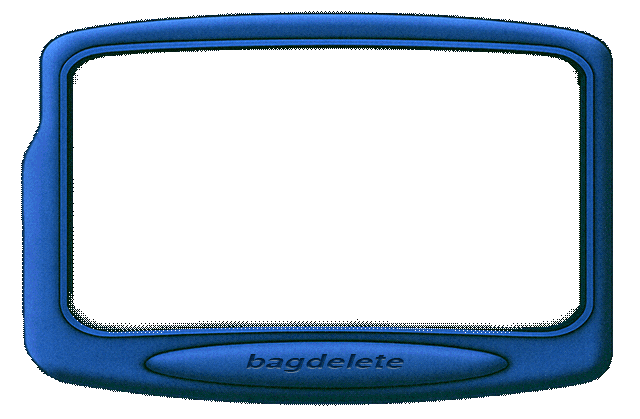 A blue GPS device with a black screen and a button labeled 'bagdelete' at the bottom.