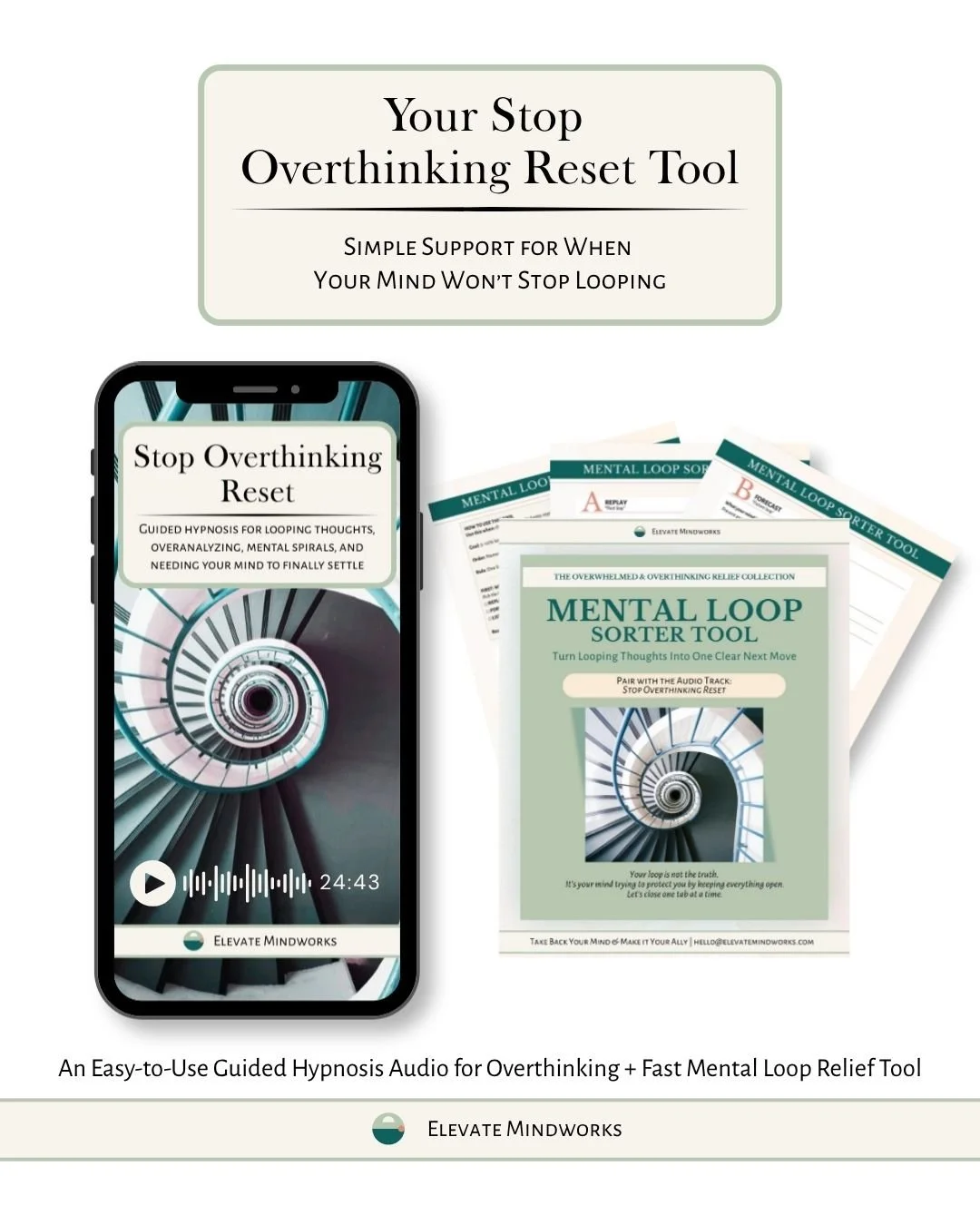 Stop Overthinking Reset product mockup showing guided hypnosis audio and Mental Loop Sorter Tool for overthinking, looping thoughts, mental spirals, decision fatigue, bedtime loops, and racing thoughts.
