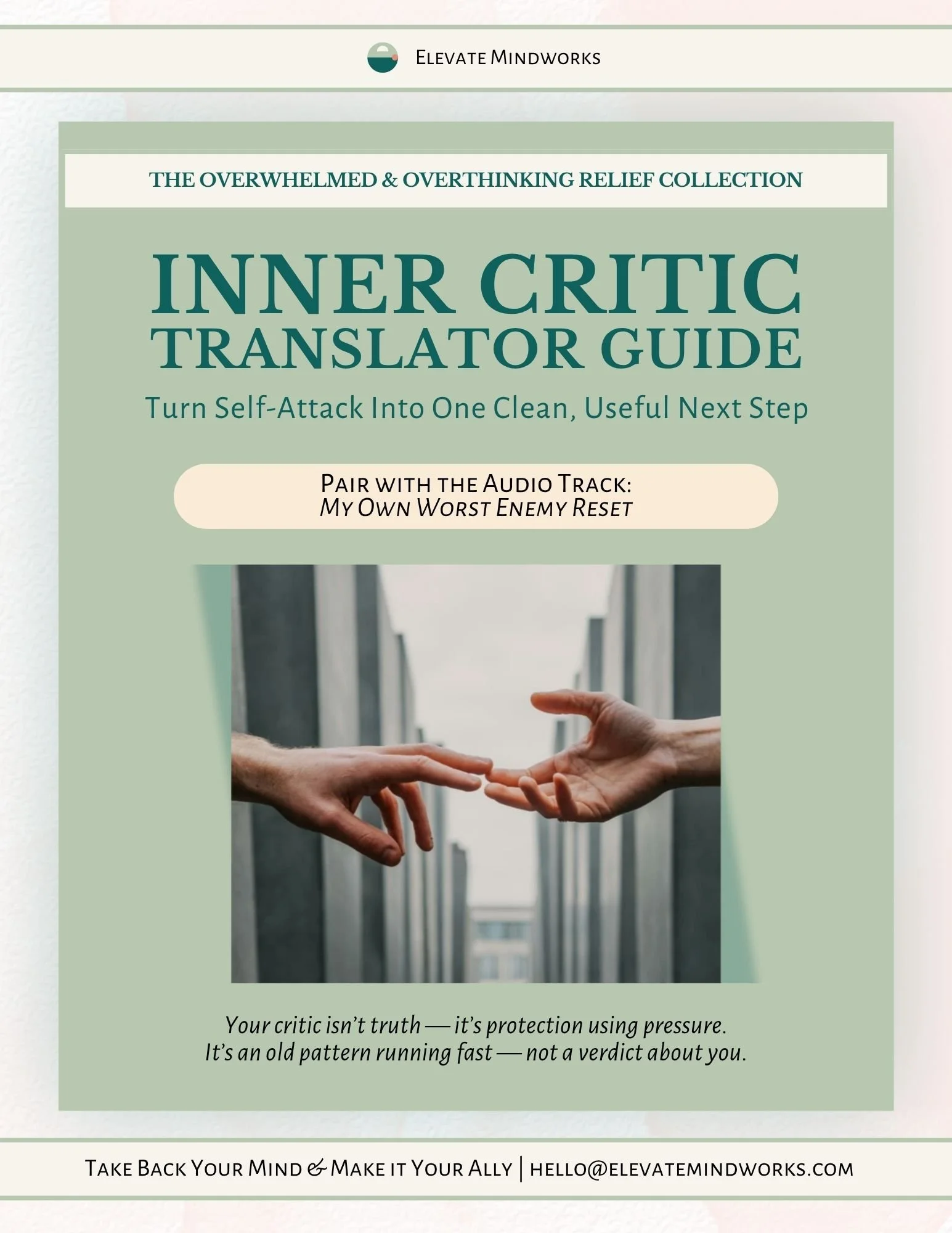 Inner Critic Translator Guide cover for My Own Worst Enemy Reset, a guided hypnosis support tool for harsh self-talk, self-criticism, and inner critic relief.
