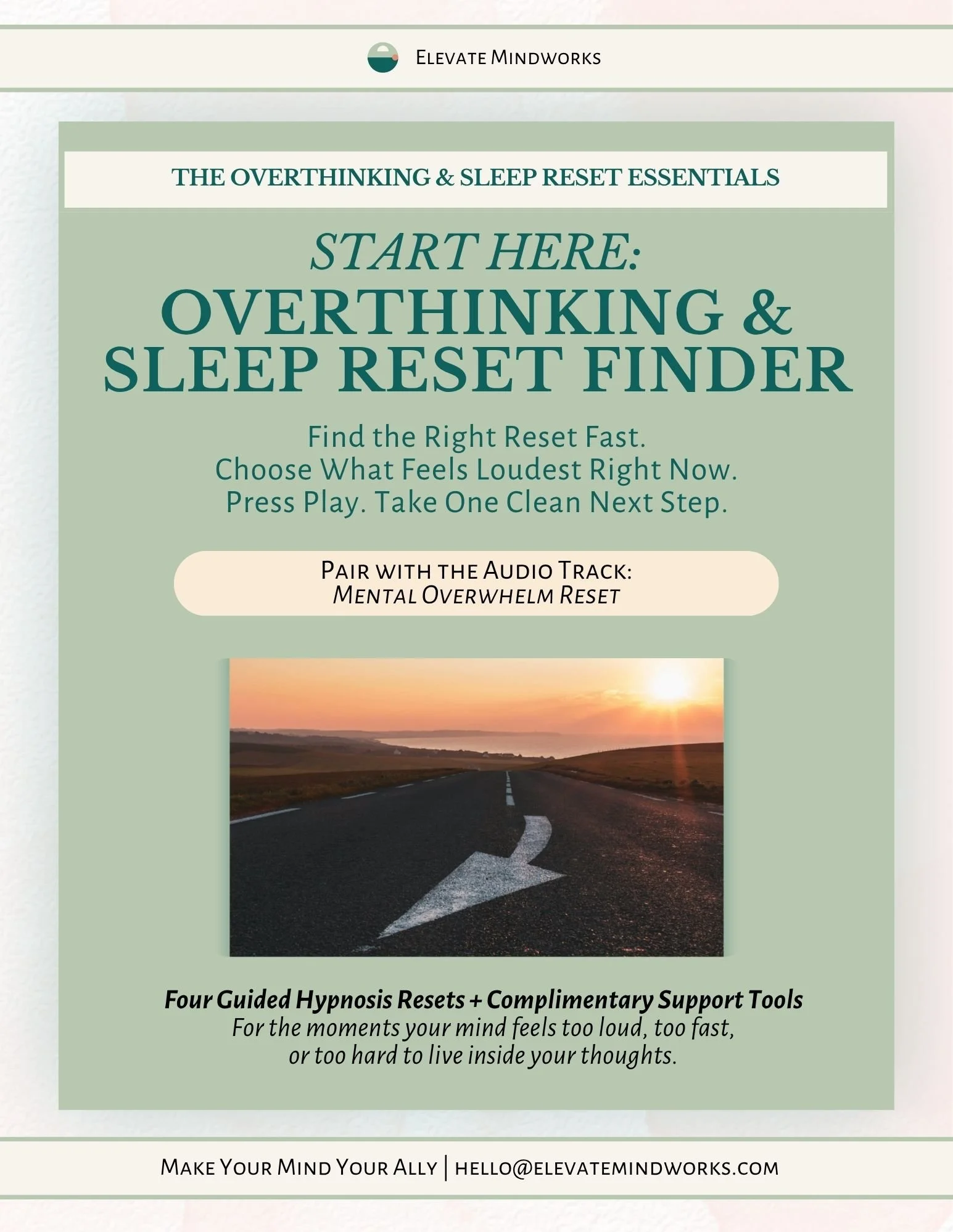 Start Here: Overthinking & Sleep Reset Finder support tool for Overthinking & Sleep Relief Essentials, helping users choose the right guided hypnosis reset for overwhelm, overthinking, sleep loops, or shame spirals.