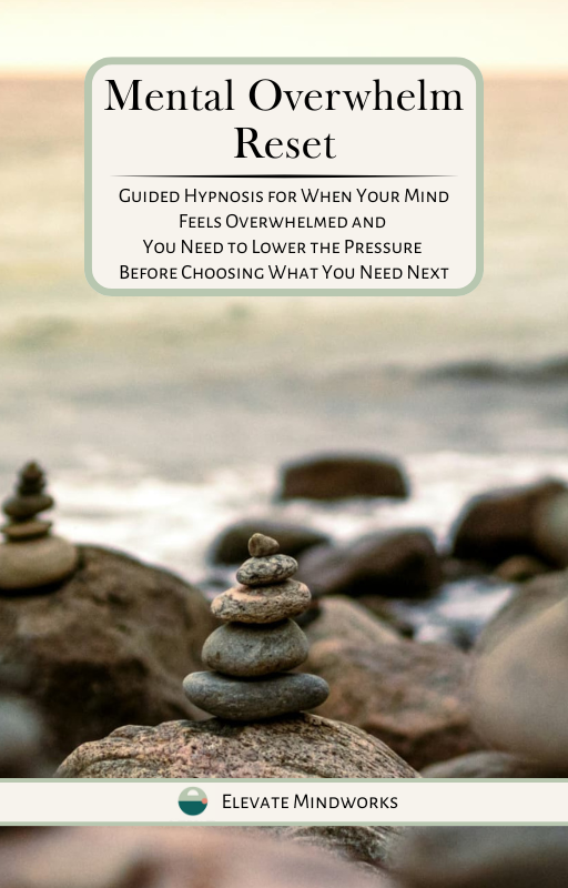 Mental Overwhelm Reset guided hypnosis audio cover with stacked stones near water for mental overload, lowering pressure, calming overwhelm, and choosing the right reset or next step.