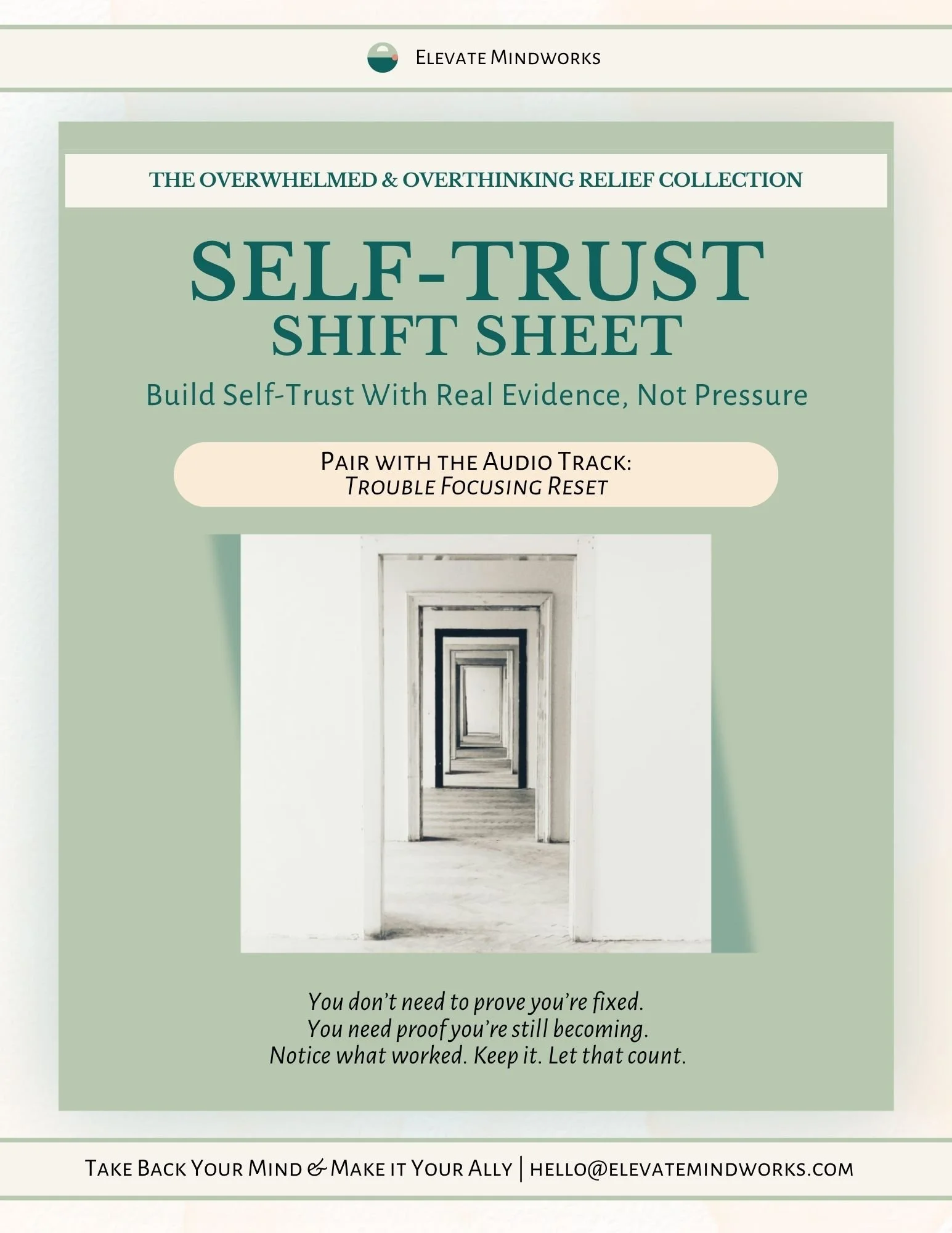 Self-Trust Shift Sheet from Elevate Mindworks with a doorway image and calming prompts for building self-trust.