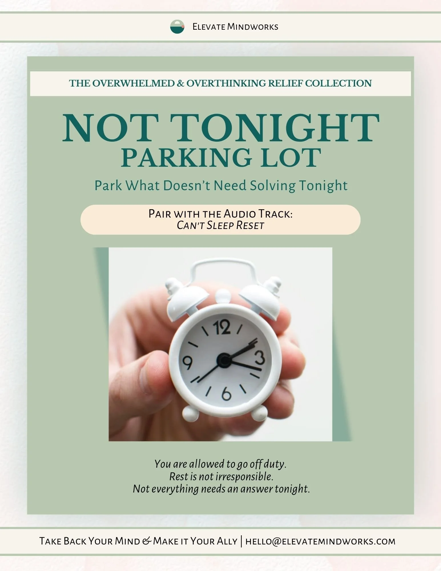 Not Tonight Parking Lot printable support tool cover for the Can’t Sleep Reset, designed to help park unfinished thoughts, bedtime worries, decisions, and tasks that do not need solving tonight so you can go to sleep.
