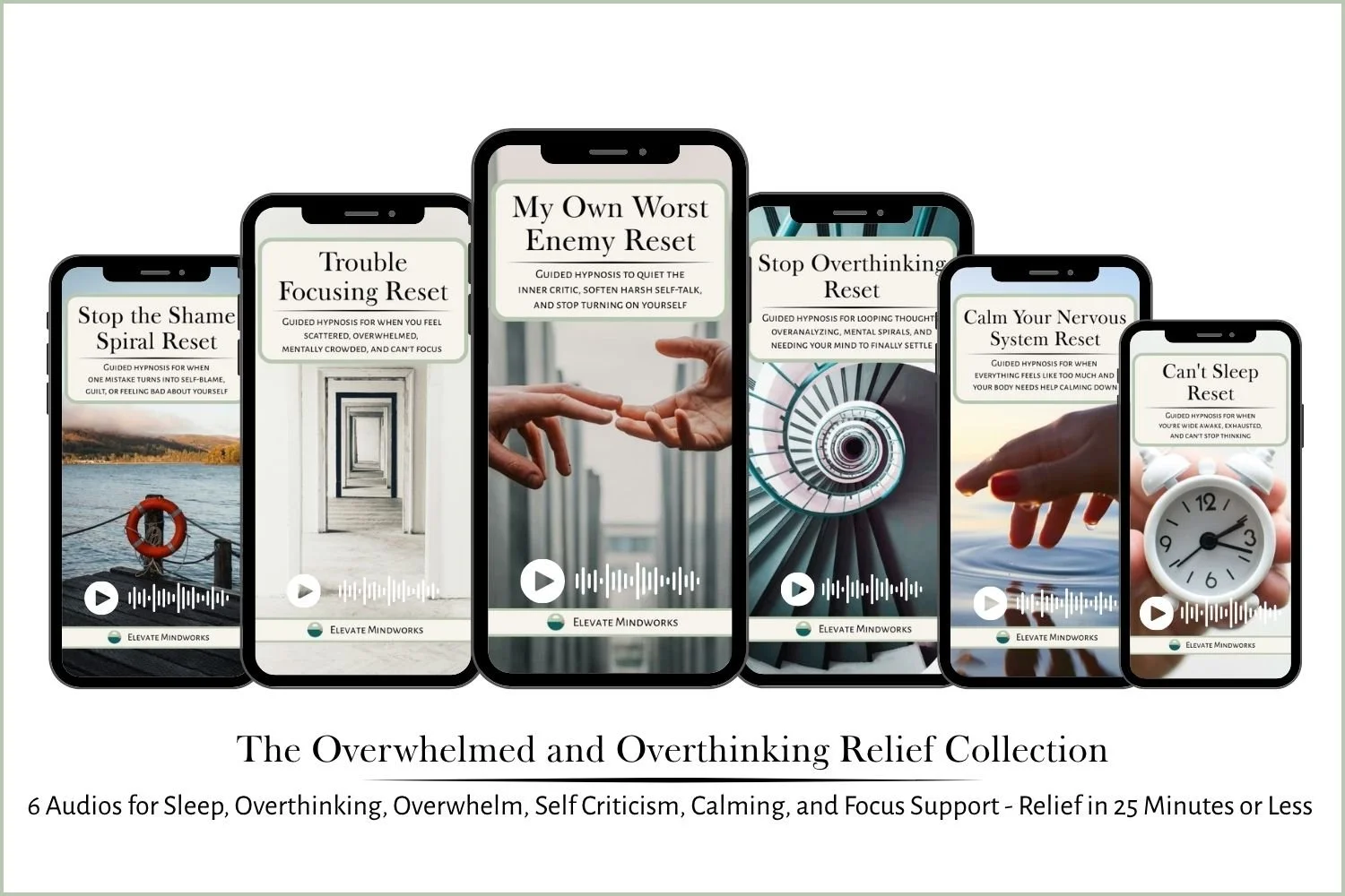 Mockup of six guided hypnosis audio resets for overthinking, sleep, calm, focus, and self-criticism.