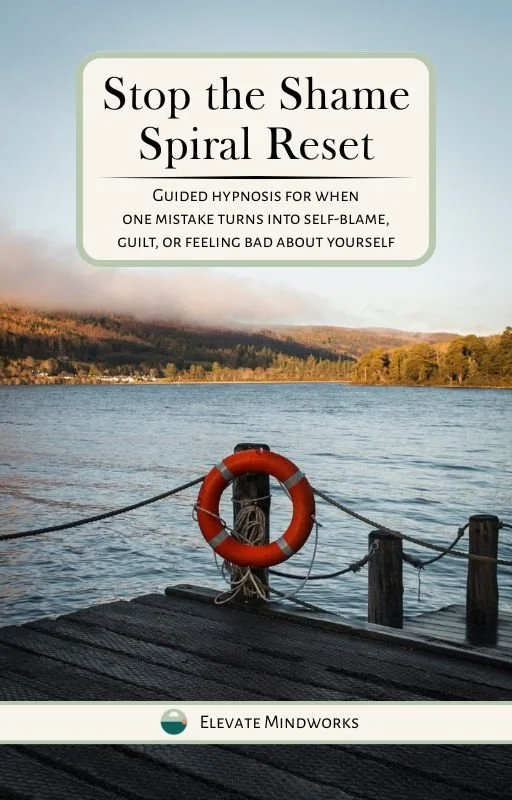 Stop the Shame Spiral Reset guided hypnosis audio cover with life preserver by calm water for guilt, shame spirals, self-blame, self-attack, and recovering after a hard moment.