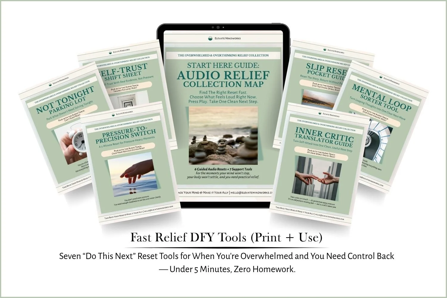 Mockup of fast relief support tools included in the Overwhelmed and Overthinking Relief Collection.