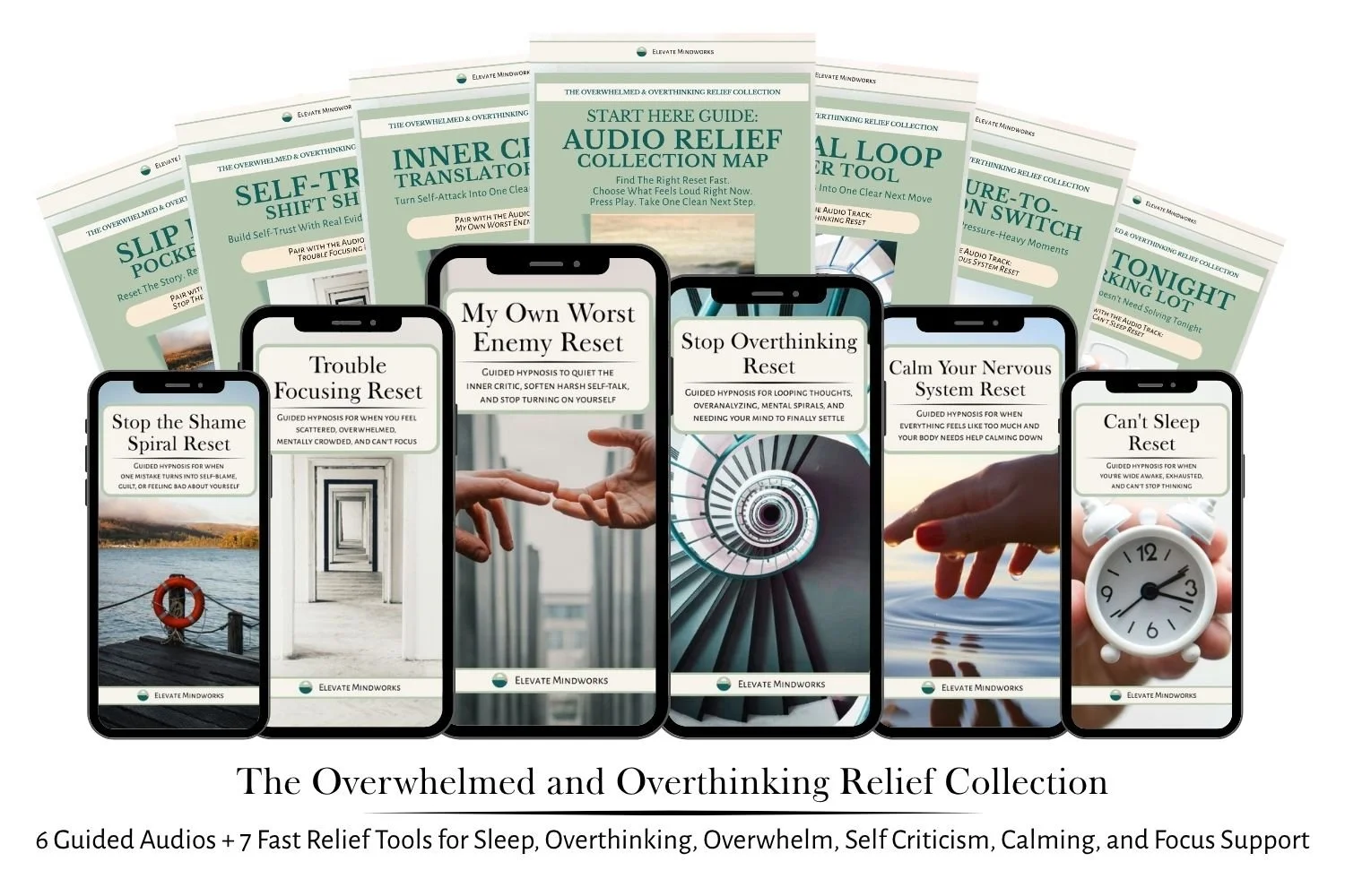 Overwhelmed and Overthinking Relief Collection mockup showing 6 guided audios and 7 support tools.