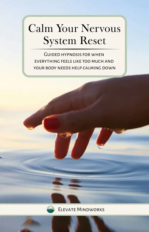 Calm Your Nervous System Reset guided hypnosis audio cover with hand touching calm water for overwhelm, body tension, pressure-heavy moments, bracing, and nervous system overload.
