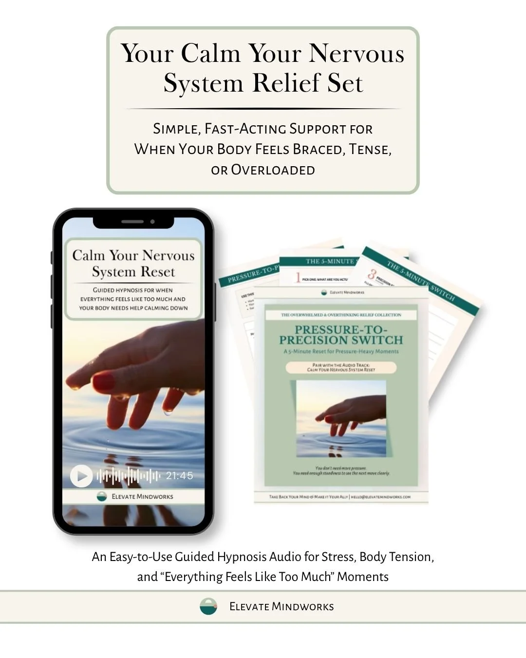 Calm Your Nervous System Reset relief set with guided hypnosis audio and Pressure-to-Precision Switch support tool for stress, body tension, overwhelm, and feeling braced or overloaded.