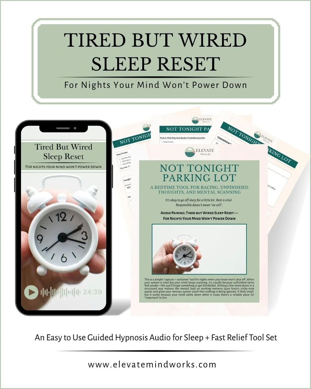 Tired But Wired Sleep Reset product mockup showing a guided hypnosis audio and Not Tonight Parking Lot tool for bedtime overthinking, racing thoughts, mental scanning, and sleep support.