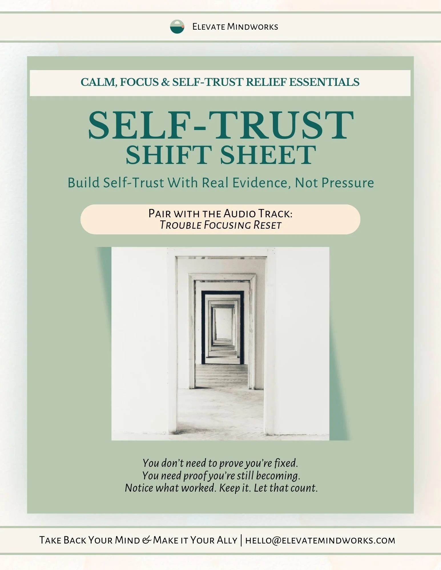 Self-Trust Shift Sheet digital support tool for scattered focus, follow-through, self-trust, and building confidence through real evidence.