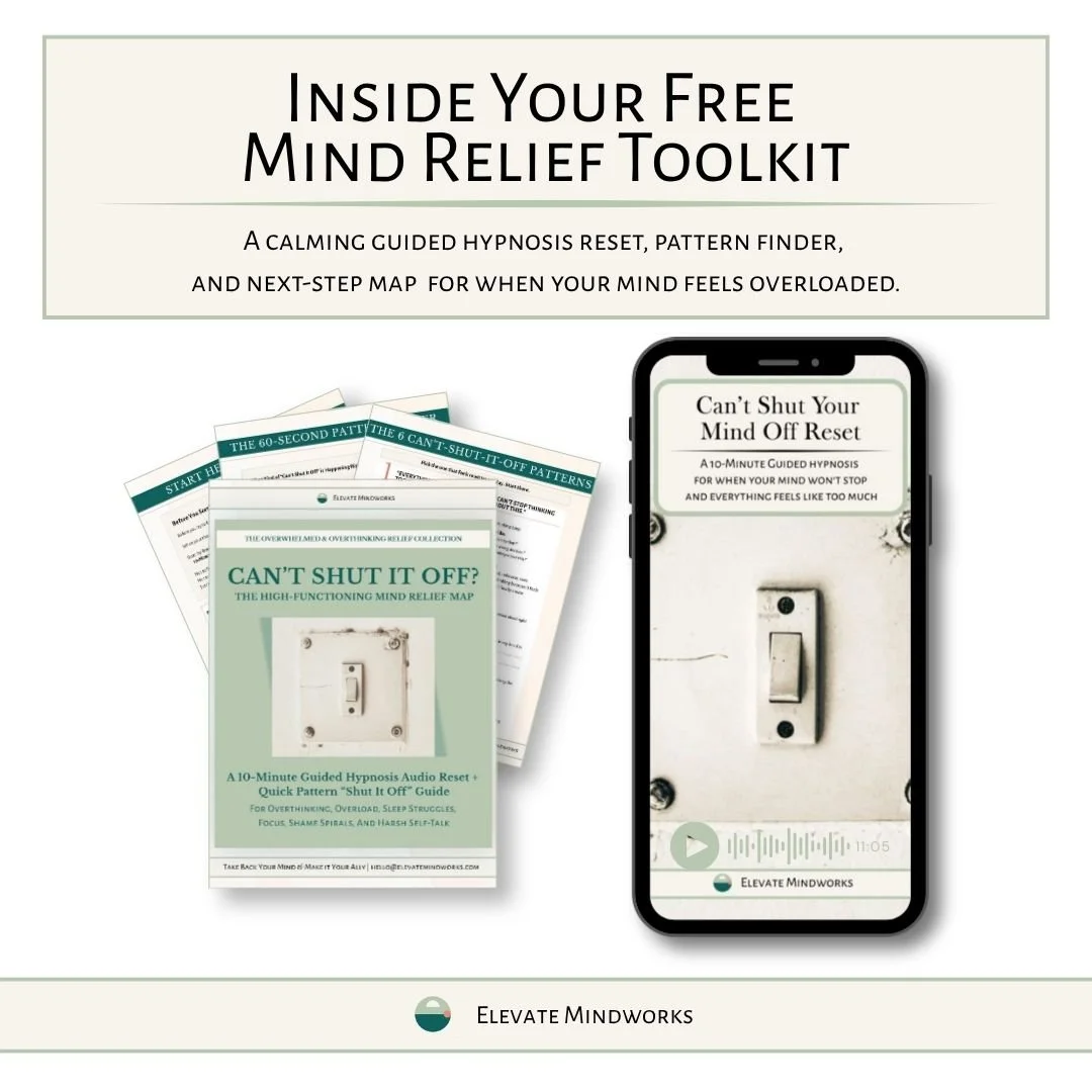 Free Mind Relief Toolkit mockup showing a guided hypnosis reset, pattern finder, and next-step map for overthinking, mental overload, stress, sleep struggles, focus issues, and shame spirals.