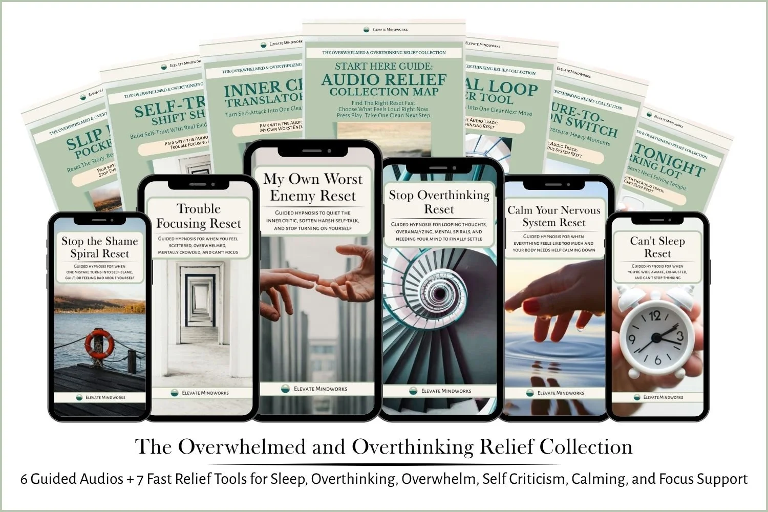 Overwhelmed and Overthinking Relief Collection mockup showing 6 guided audios and 7 support tools.