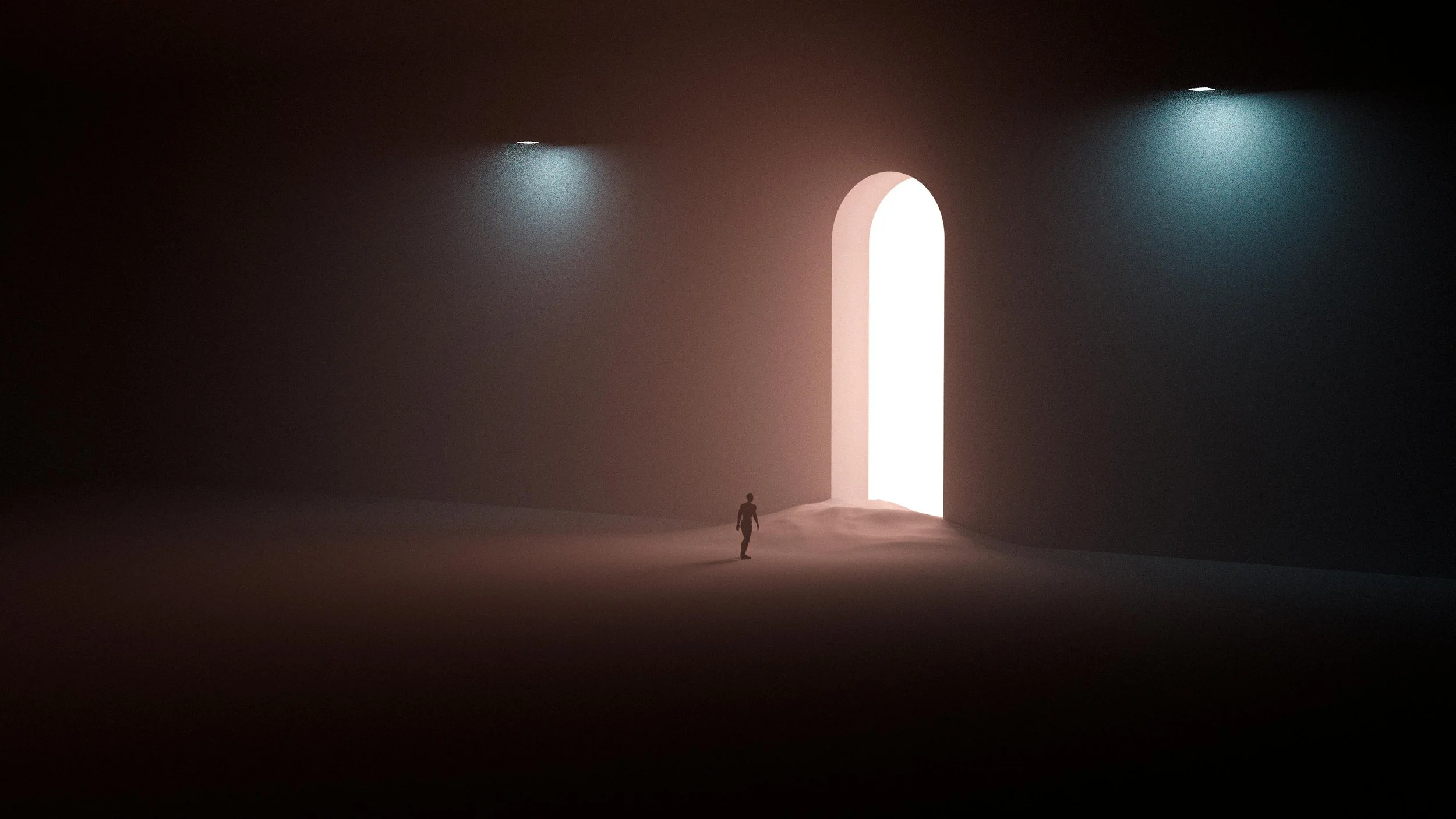 Small solitary figure standing before a glowing arch in a vast dark space, illustrating the feeling of smallness and threshold