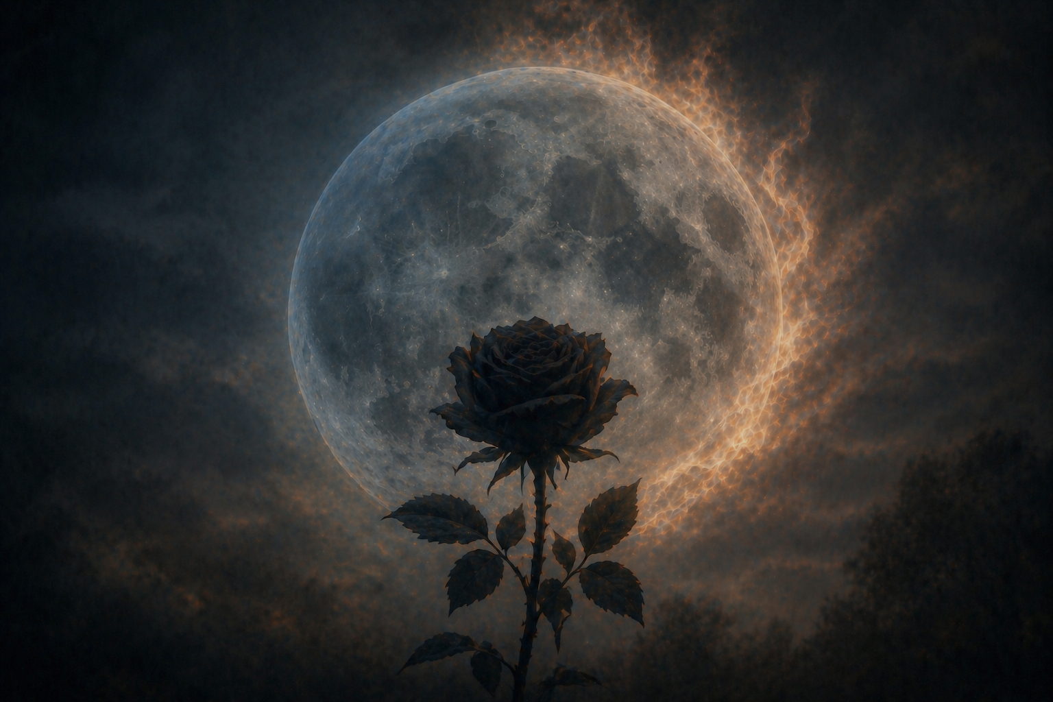 A dark, cinematic close-up of a single black rose silhouetted against a large, glowing full moon with amber atmospheric heat, representing the intersection of spring fertility and Scorpio shadow work.