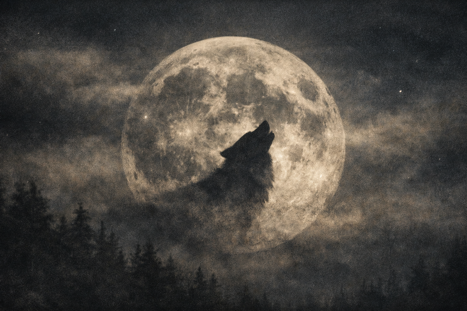 A full Wolf Moon glowing in a dark winter sky with a subtle wolf silhouette, representing the Cancer full moon and themes of shelter, instinct, and emotional safety.