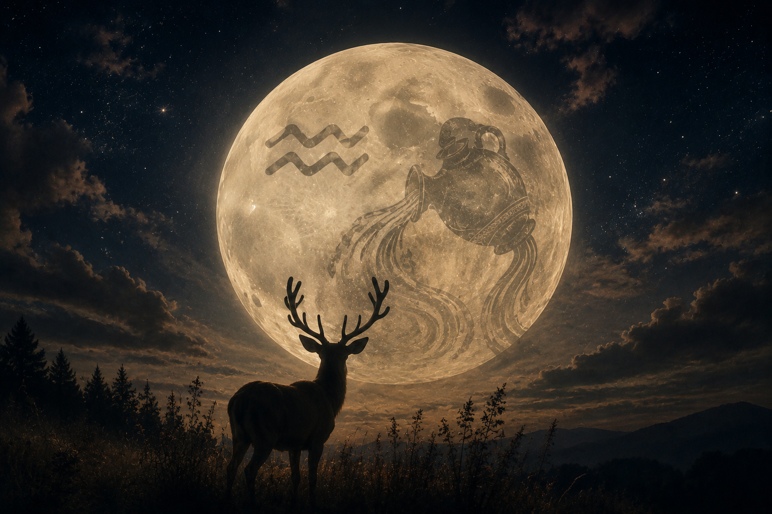 Silhouetted buck standing before a full moon with the Aquarius water bearer symbol, marking the Buck Moon in Aquarius.