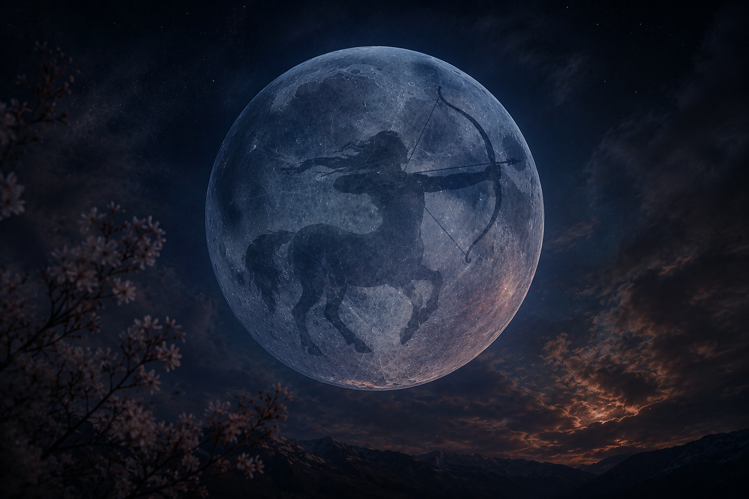 A full moon glowing in a dark, late-spring twilight sky with the silhouette of a Sagittarius centaur archer superimposed across the center of the lunar surface.