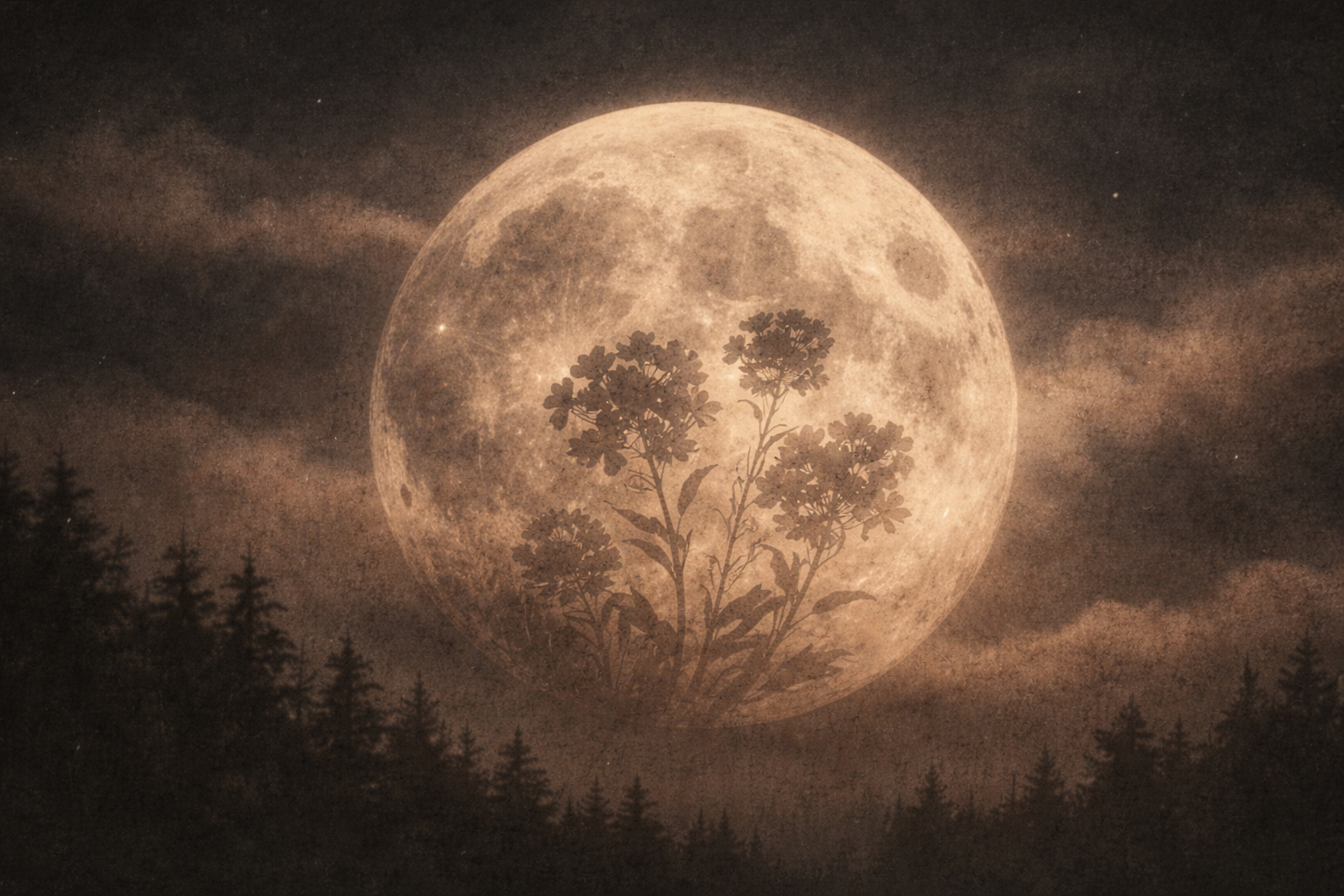 Full moon in a moody night sky with a phlox flower silhouette, header image for Moon Medicine Pink Moon Libra 2026