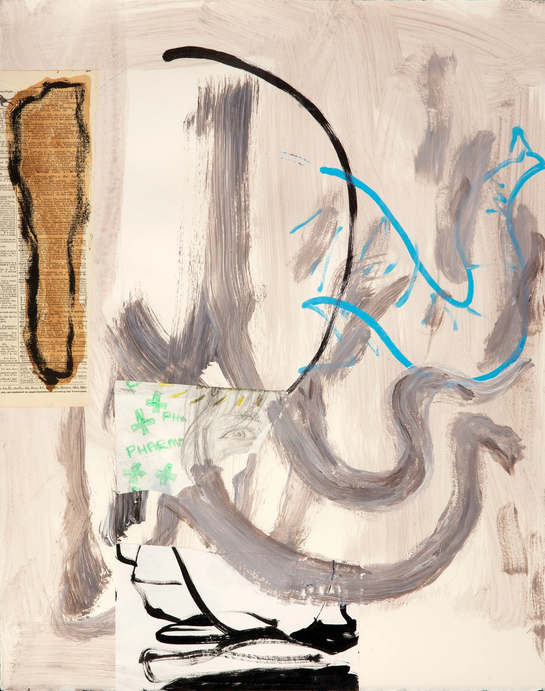 (Untitled) Sept 14, 2025, Ink, acrylic, pencil, collage 24x19"/61x49cm