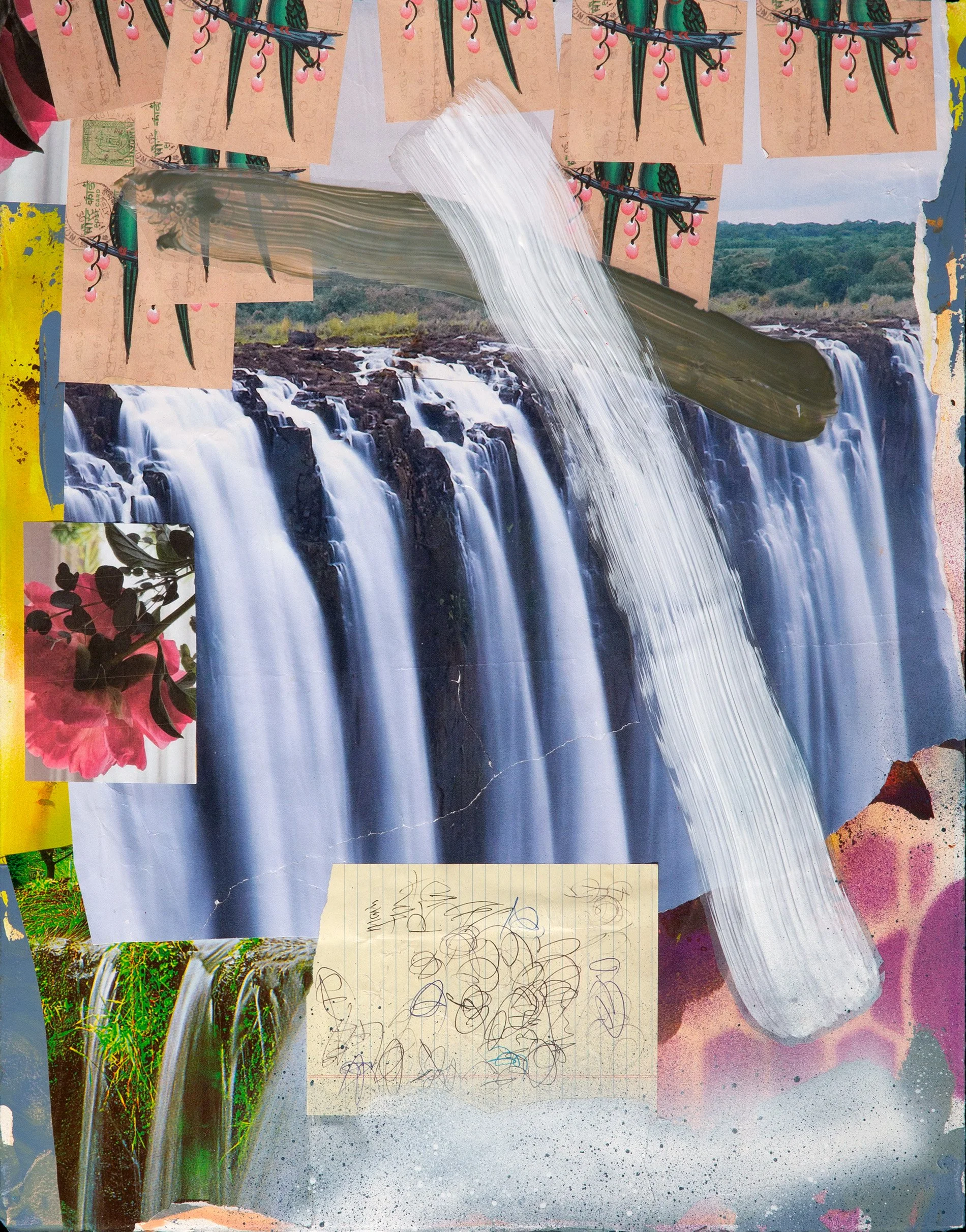 The Waterfall, Sept 2, 2025, Ink, acrylic, collage 24x19"/61x49cm