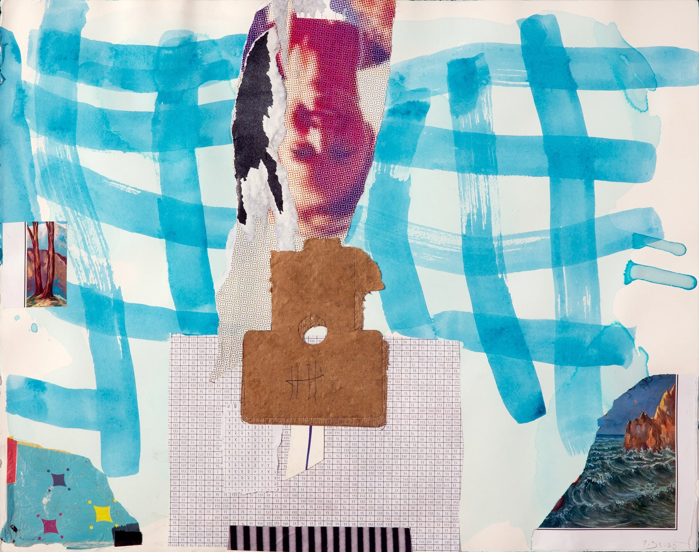 Landscape with Guitar, July 31, 2025, Ink, pencil, collage 19x24"/49x61cm