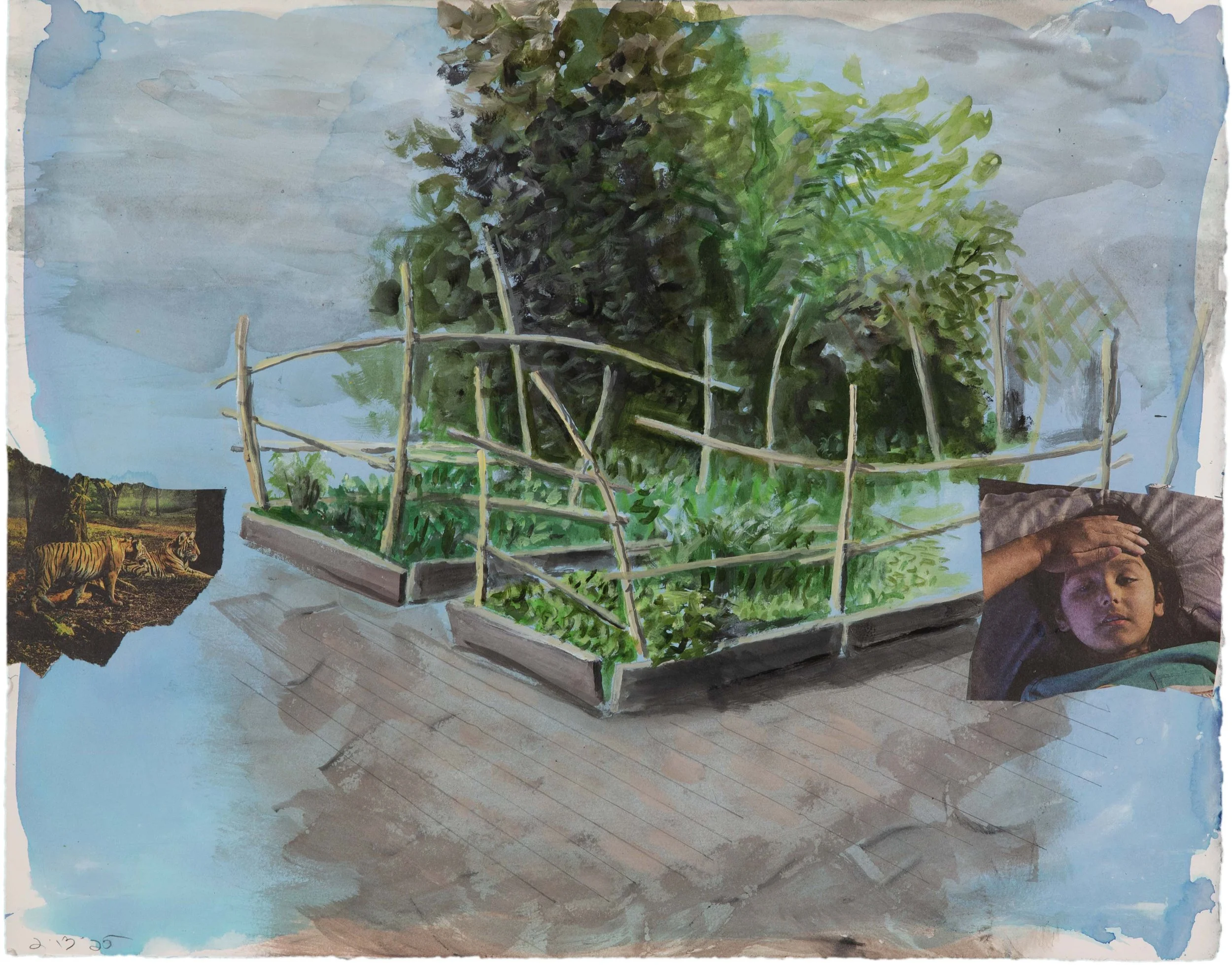 (Varanasi, Feb 13, 2025) Ink, acrylic, watercolor, pencil, collage 19x24"/49x61cm