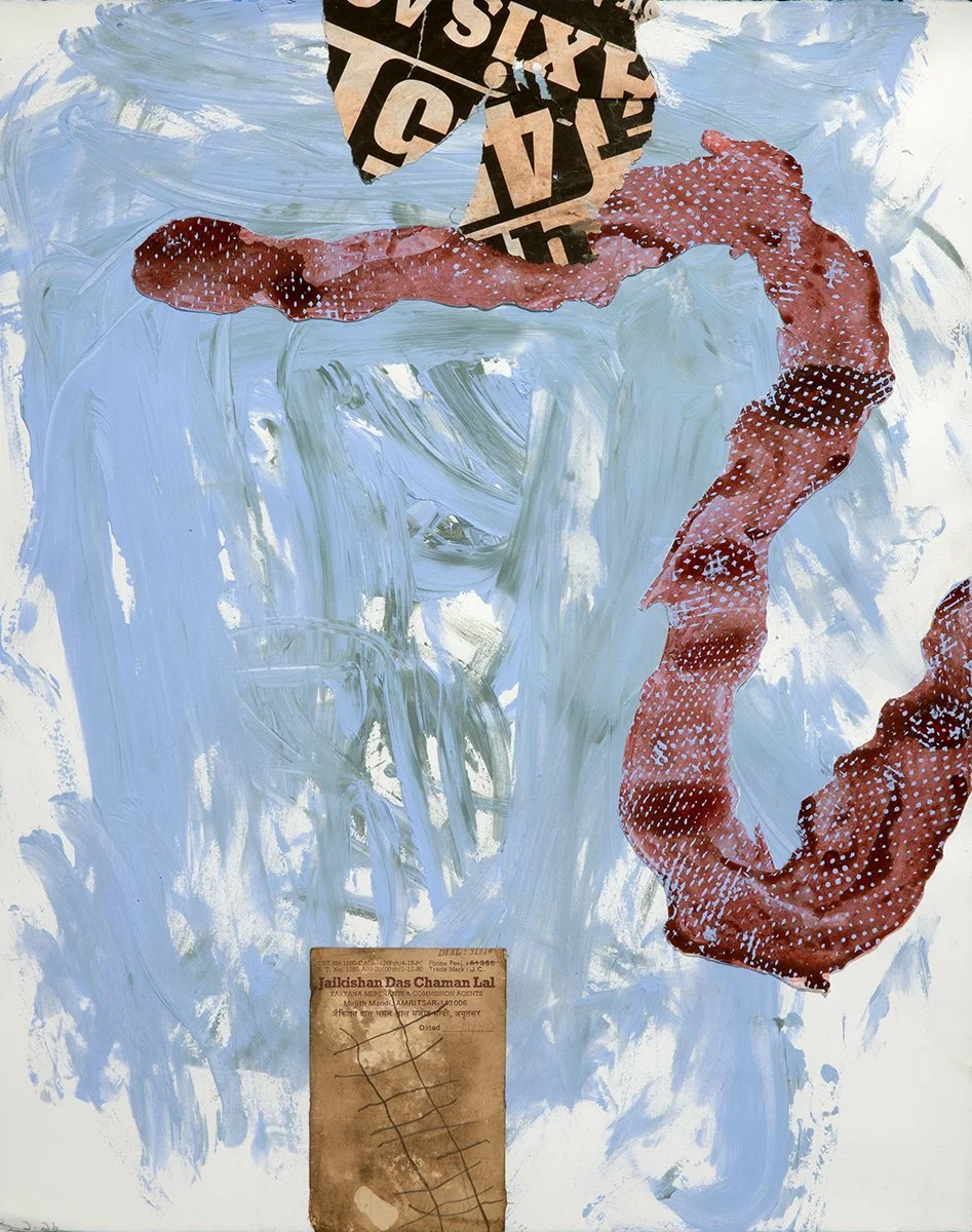 Moksha Patam (Varanasi, Mar 2, 2026) Acrylic, pencil, collage 22.5x18"/57x46cm